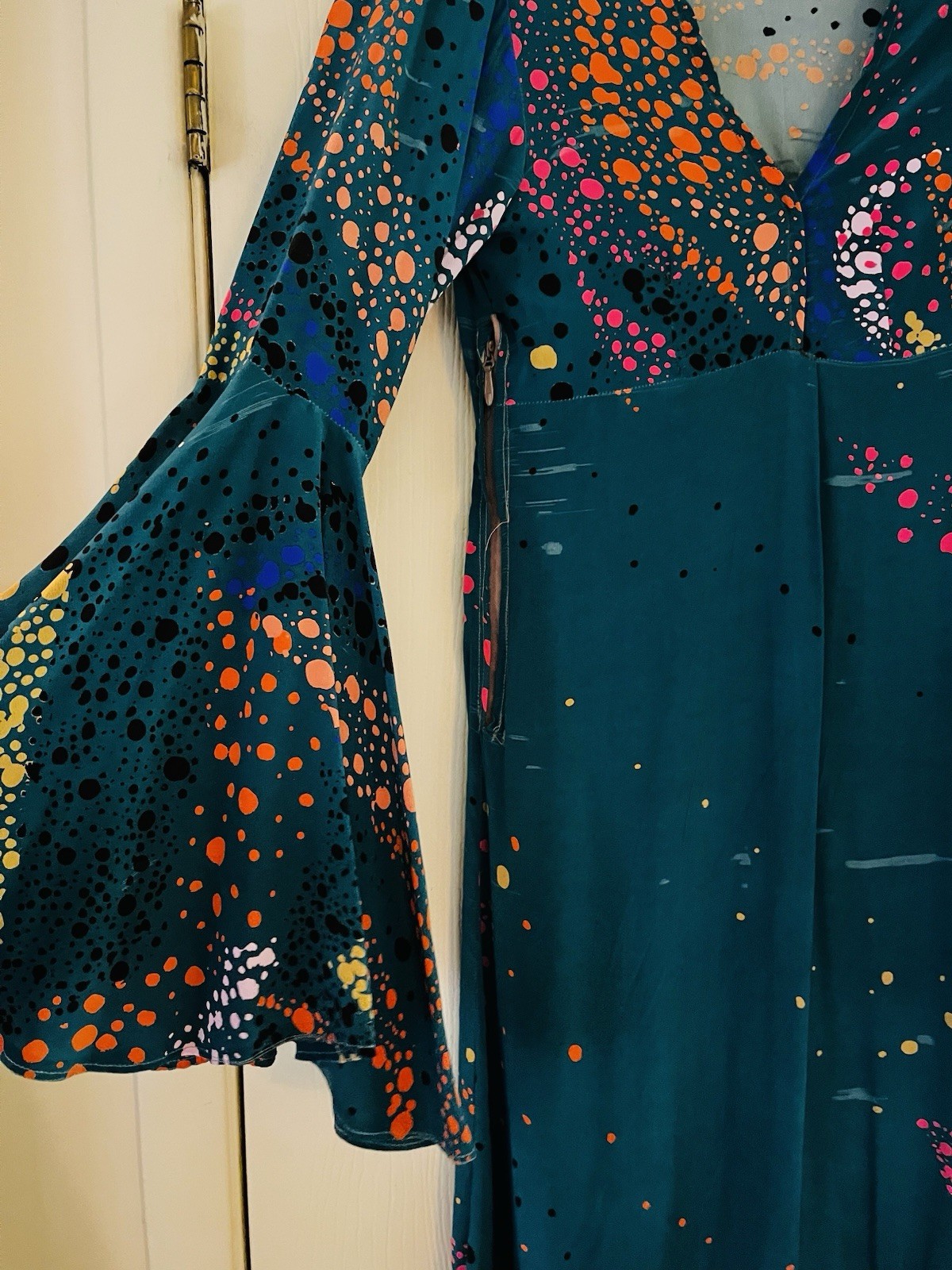 VTG Handmade Silk 70s Bohemian Festival Fairycore Maxi Bell Sleeve Dress