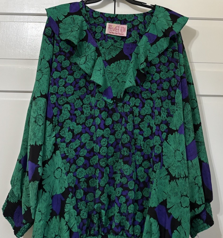 Vintage PREMIER ROW by MARILYN THELEN Purple & Green Ruffle blouse/top, Size 4X