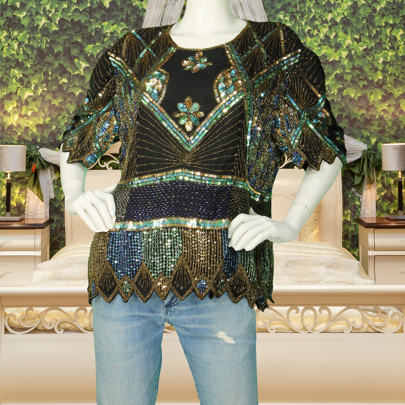 Vintage Birjand Beaded Sequin Silk Party Evening Dinner Cocktail Art Shirt