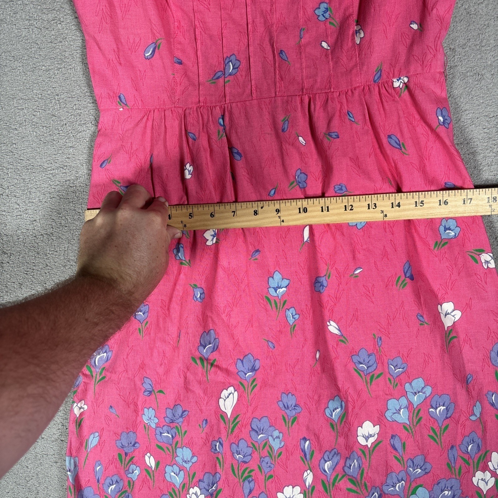 Malia Vintage Pink Floral Cotton Sleeveless Fit Flare Midi Dress Pintuck Bodice