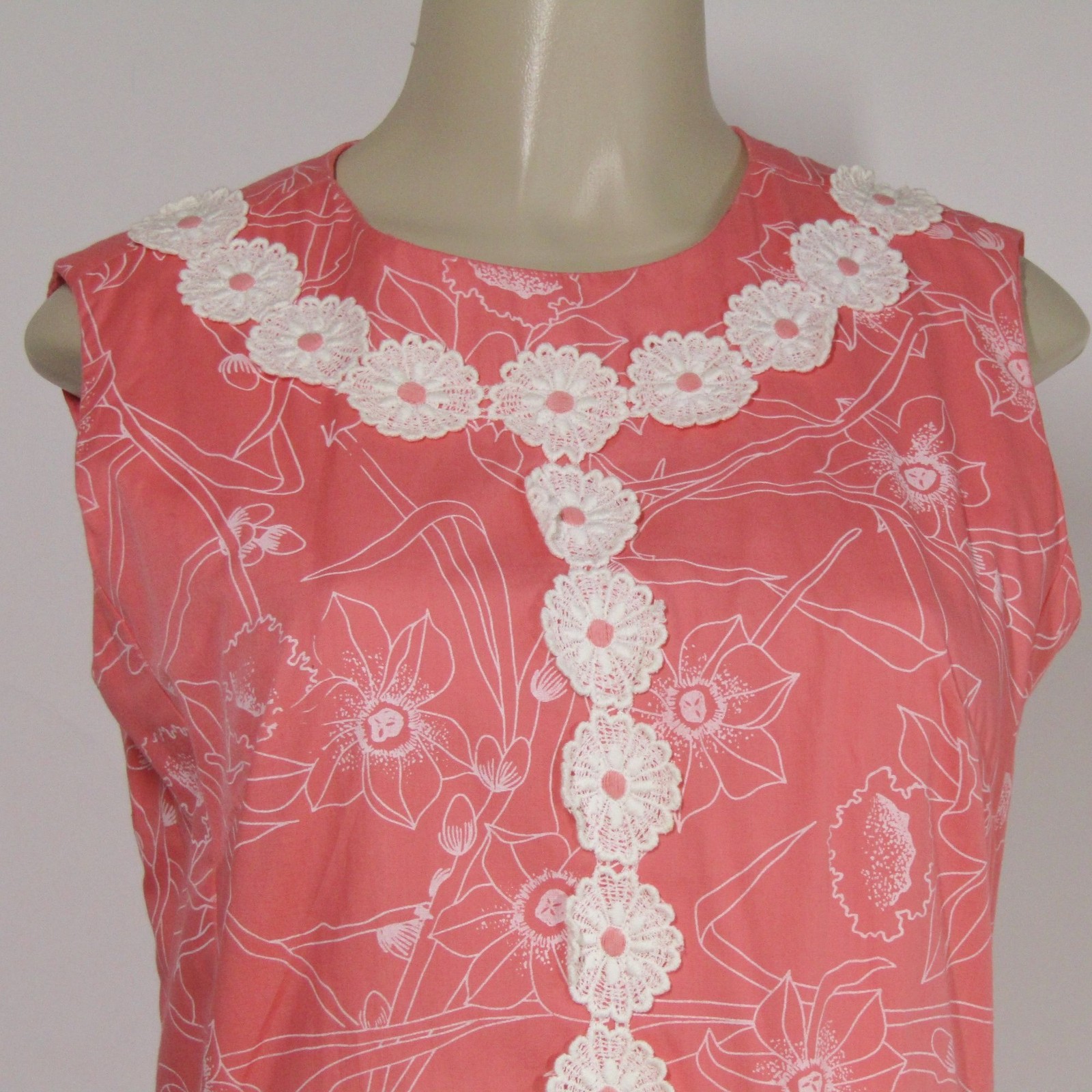 VTG 60s 70s MOD Floral Coral Pink Retro Tropical Mad Men Shift Summer Dress S M