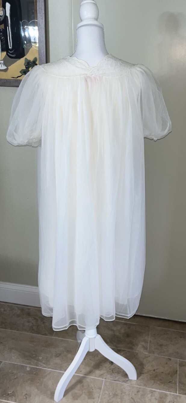 Vintage Avian Peignoir Nightgown And Robe Set White Lace Trim Sheer Small Nylon