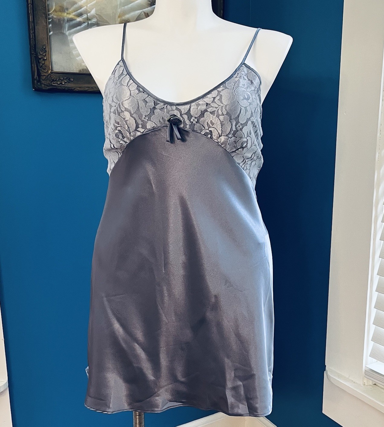 VTG Y2K MAIDENFORM Babydoll Nightie Chemise Slip Liquid Satin Pewter Silver Sz M