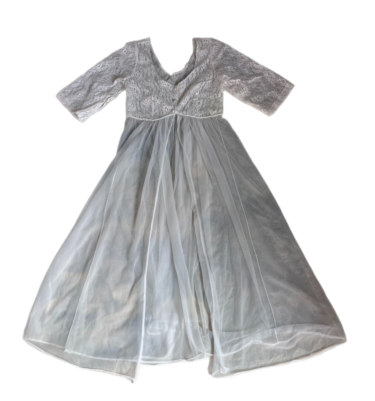 Vintage Lisette Long Peignoir 32 Sheer Chiffon Nylon White Robe Lingerie USA Sm