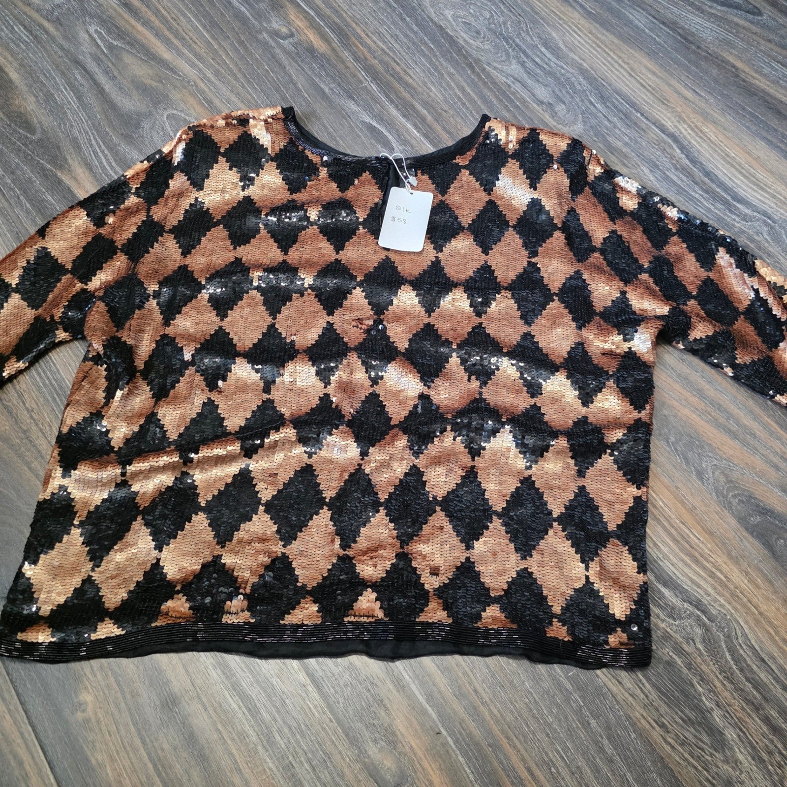 Lauren Alexandra Vintage Silk Sequin Harlequin Top Black Copper Diamond Blouse