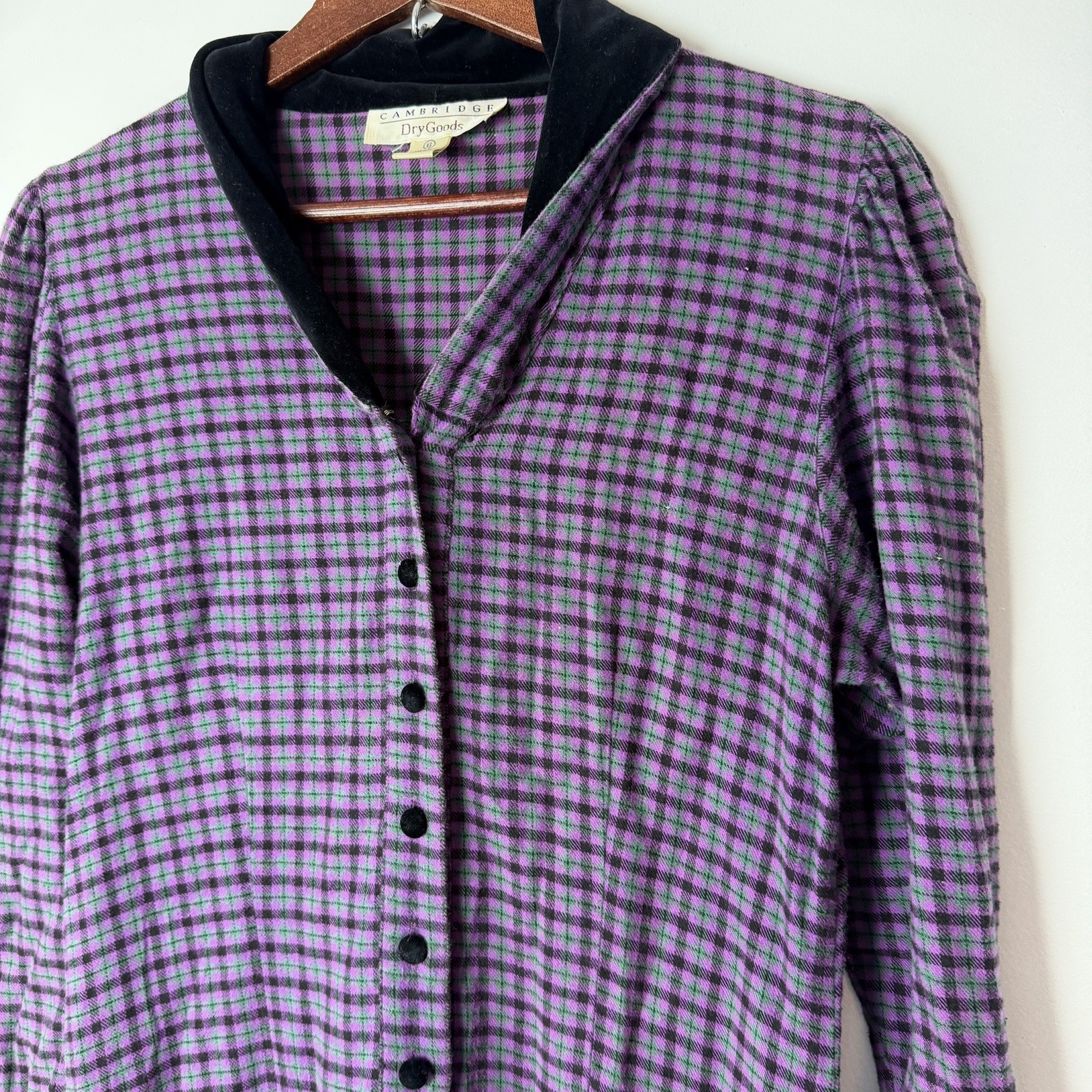 Vintage Cambridge Dry Goods Purple Plaid Flannel Prairie Dress Velvet