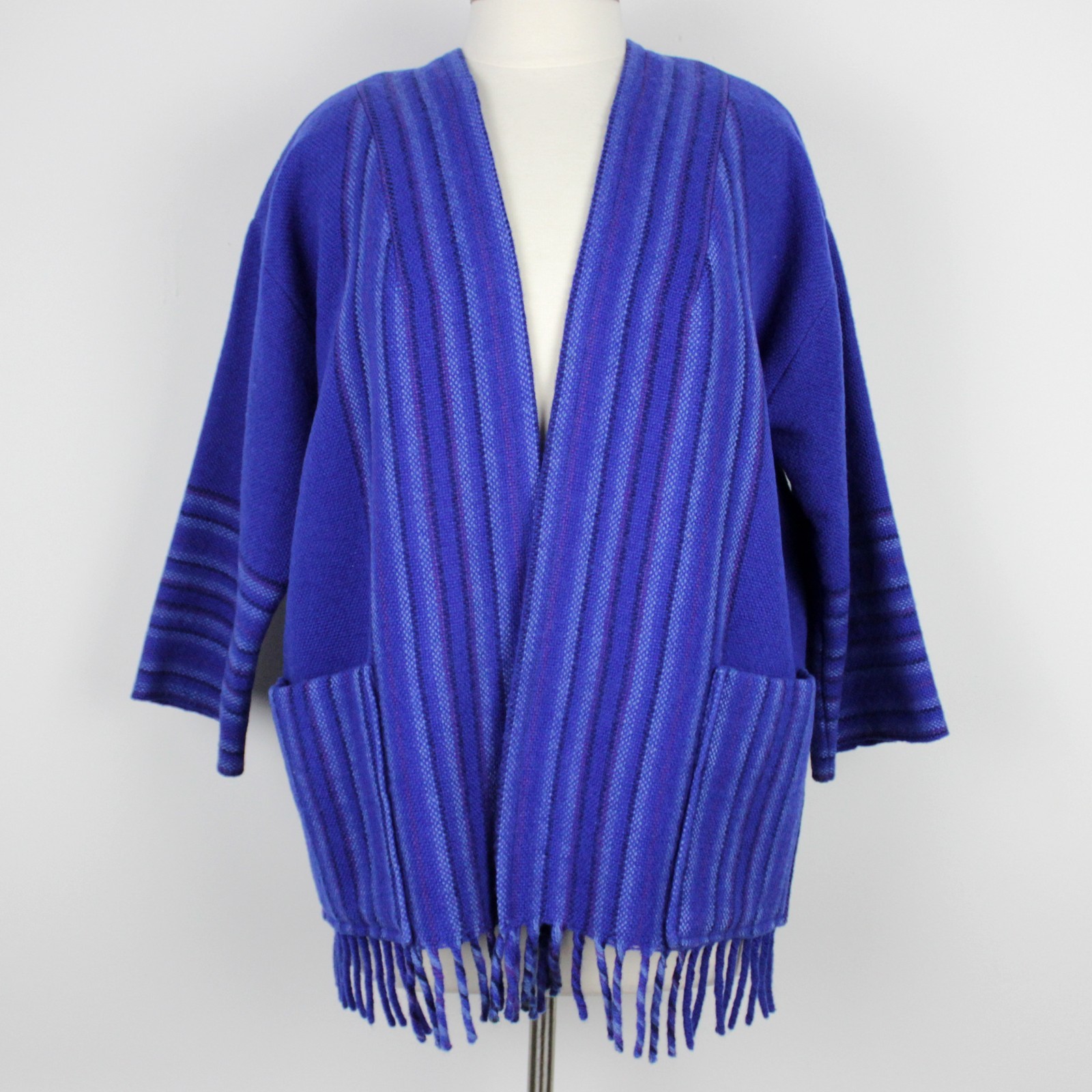 Vintage 1970s Isabella Ihlen Norway Wool Fringe Jacket Scandanavian Blue Coat L