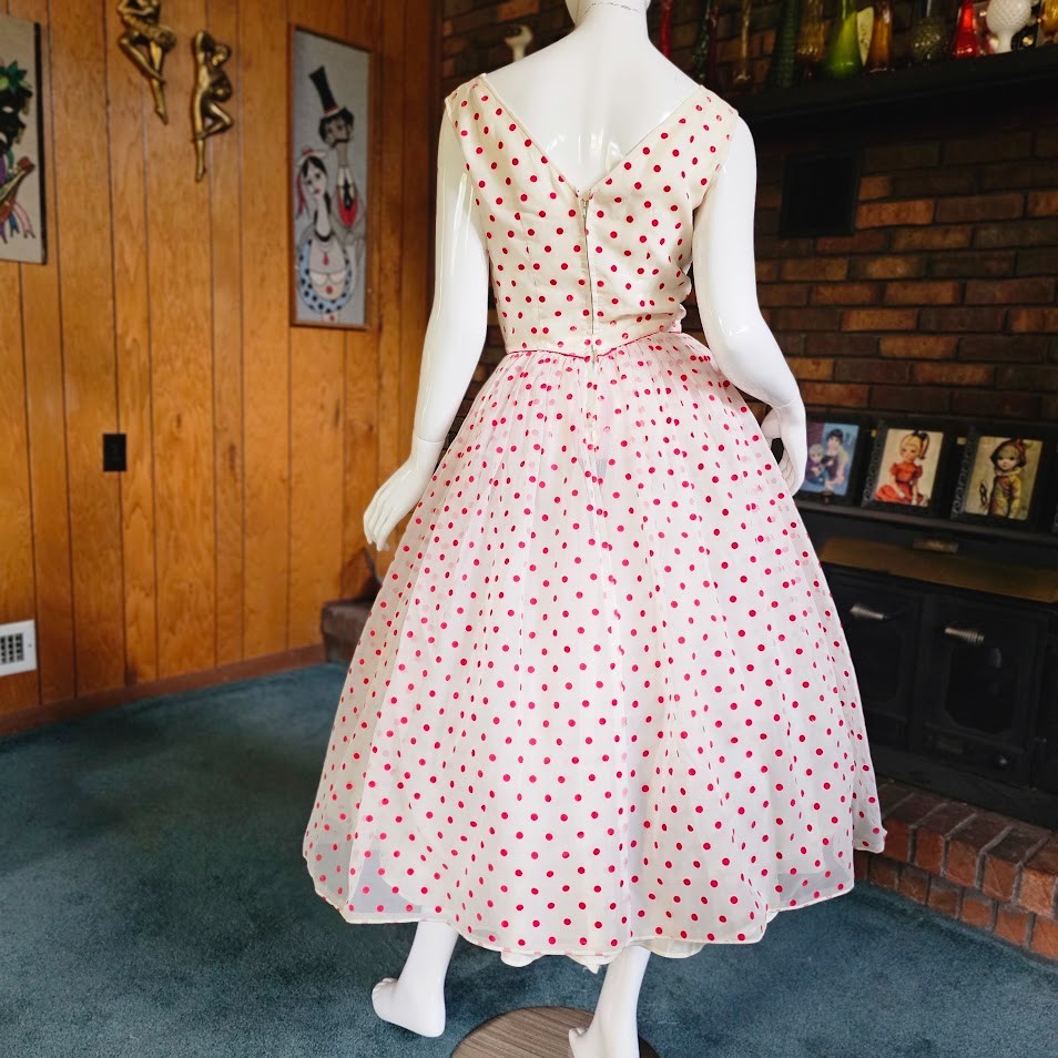 Vintage 50s Flocked Cherry Red Polka Dot Organza Shelf Bust Prom Wedding Dress S