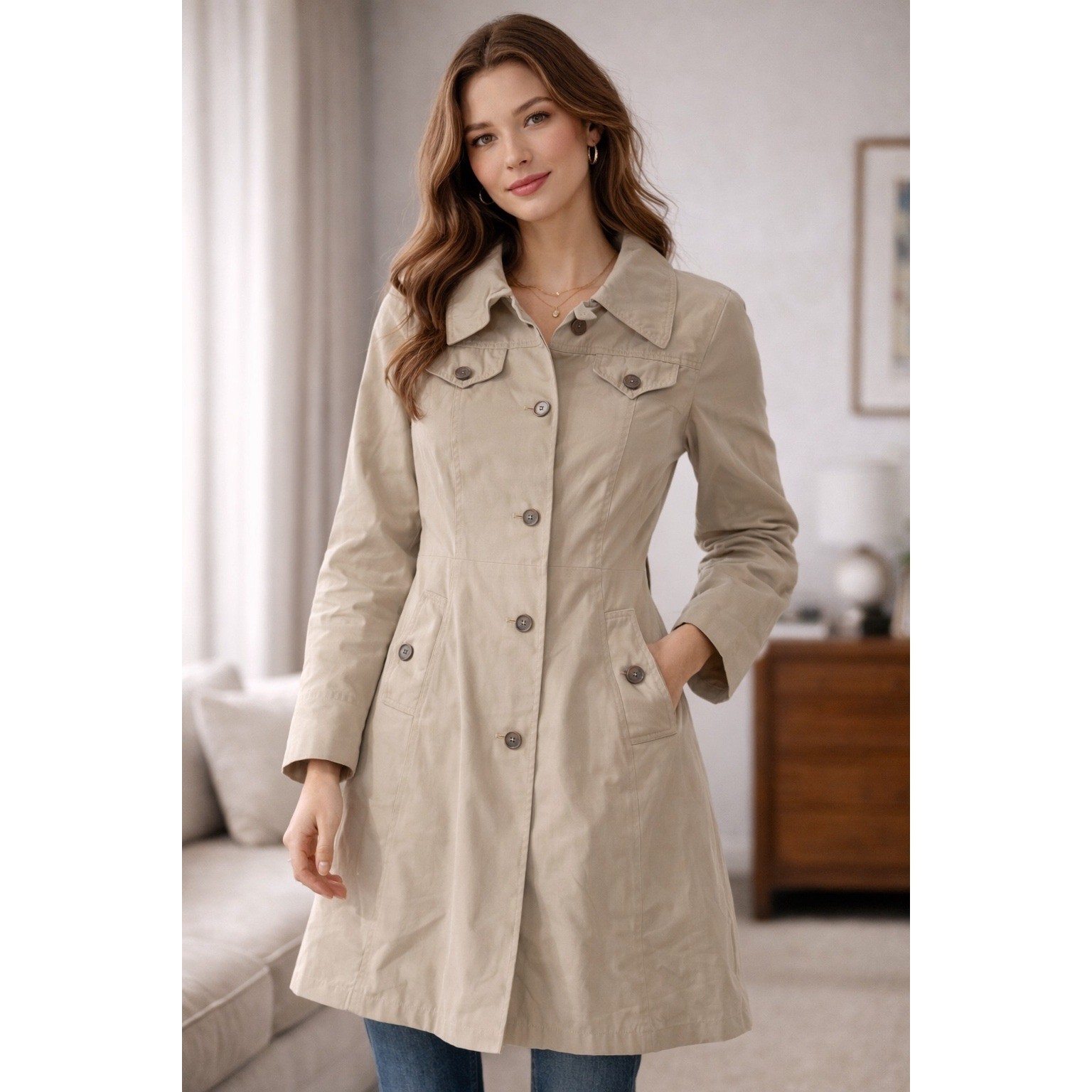 Carlisle Couture Beige Trench Coat Womens Small Poland Lightweight Button Front