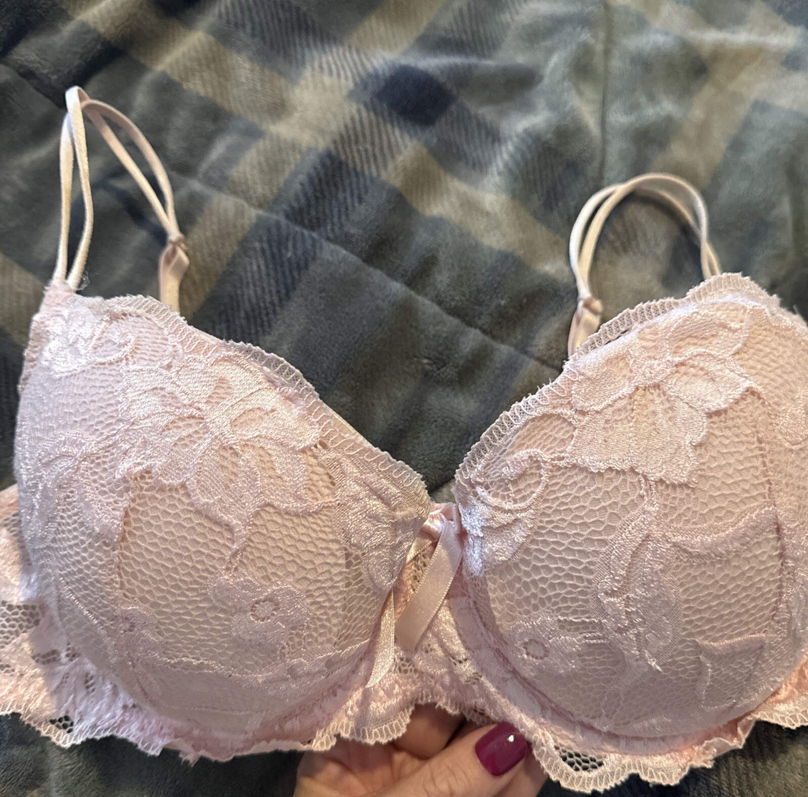 VINTAGE Delicates 36D PINK FLORAL Lace OVERLAY Padded Underwire BRA Push Up Nice