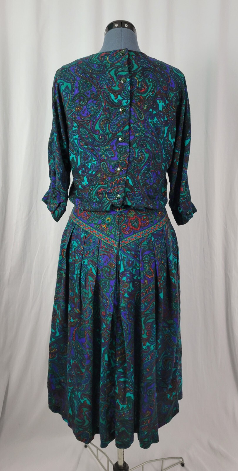 Vintage VLP Petites Green & Purple Paisley Blouson Secretary Dress SIze 8