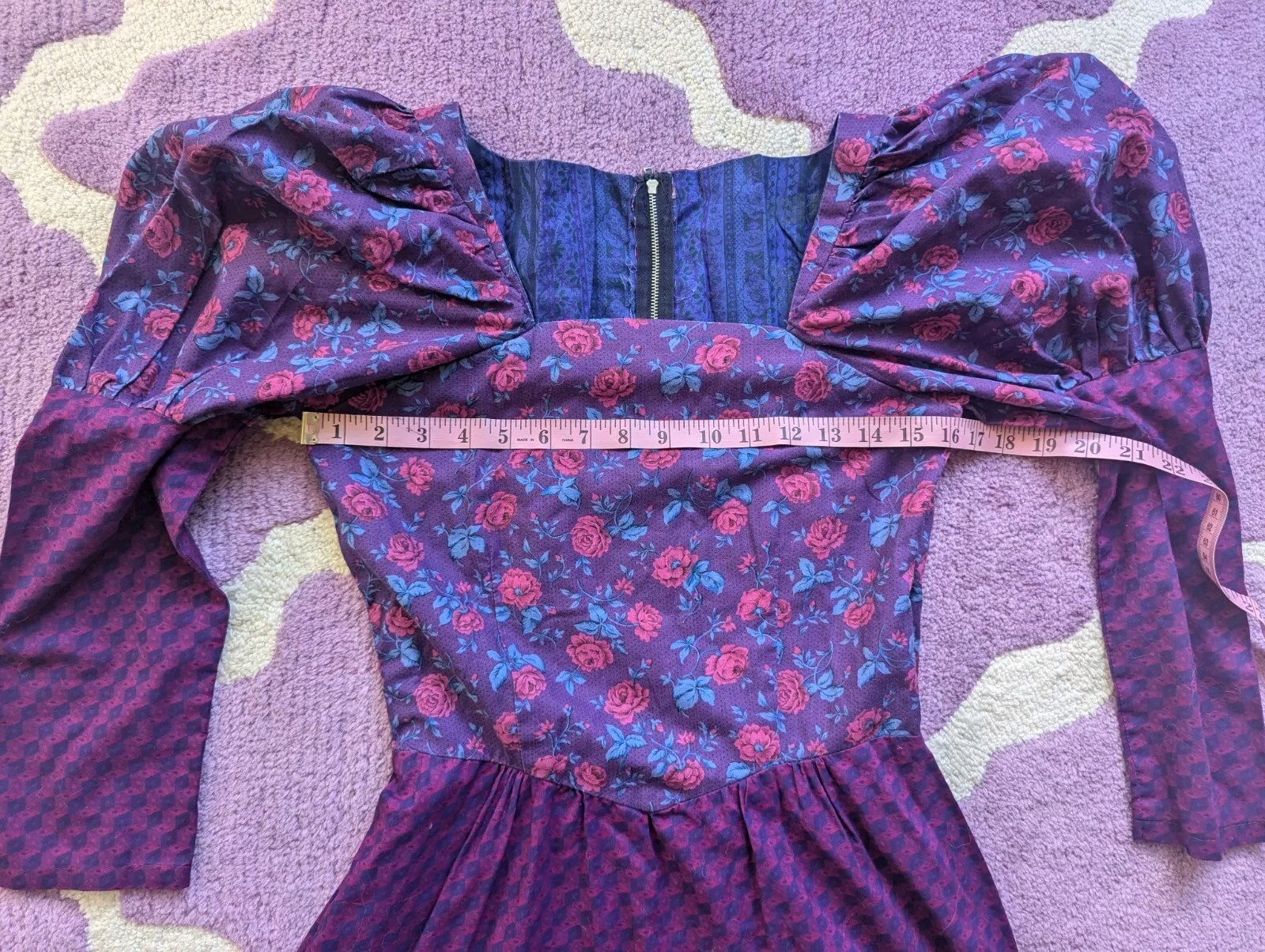 Vintage 70’s 80’s Purple Pink Puff Juliet Sleeves Floral Mini Dress Size Small