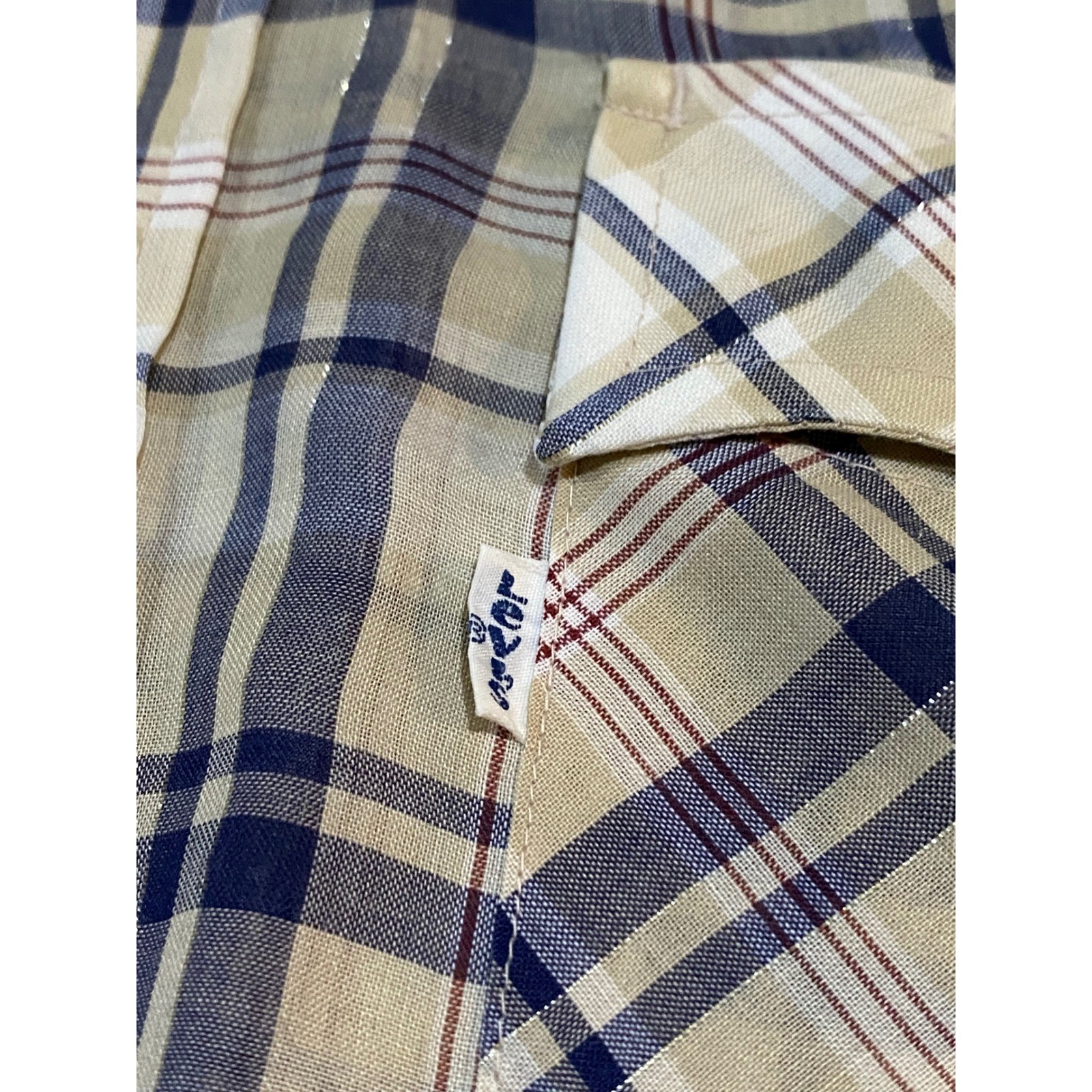 Vintage Levis Western Shirt Pearl Snap Plaid Gold Lurex Tan Navy Large Short Slv