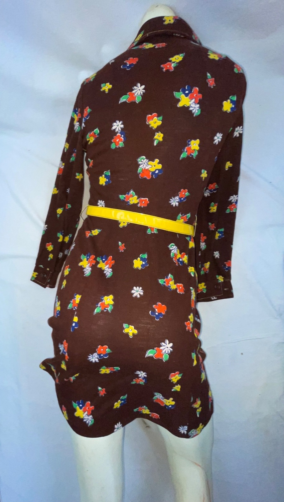 VTG 60S 70 WOMENS BROWN CUTE BABY DOLL MOD GOGO DISCO BUTTON FLOWER PRINT DRESS
