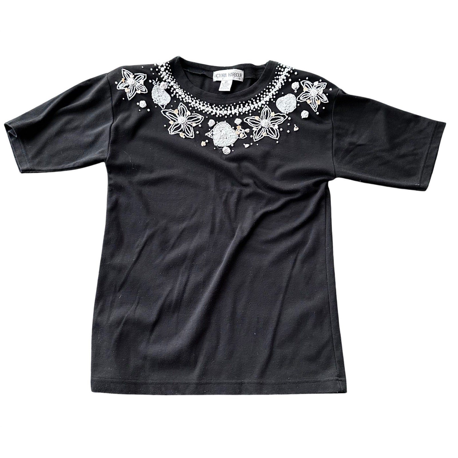 Victoria Harbour Vintage Beaded Pearl Floral Heart Black Knit Top Small