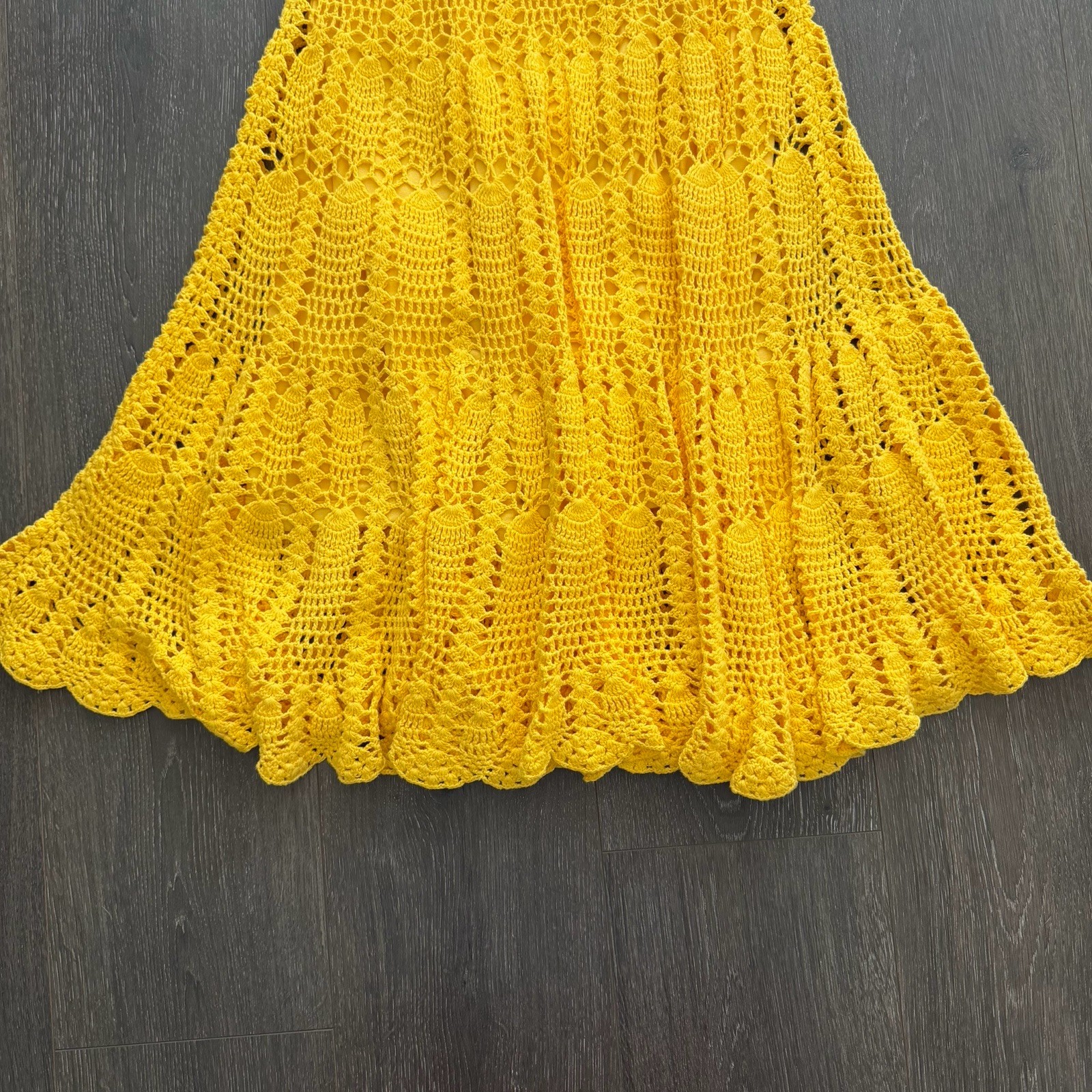 Vintage Y2K Yellow Midnight Velvet Boho Crochet Dress S Hippie Coquette Romantic