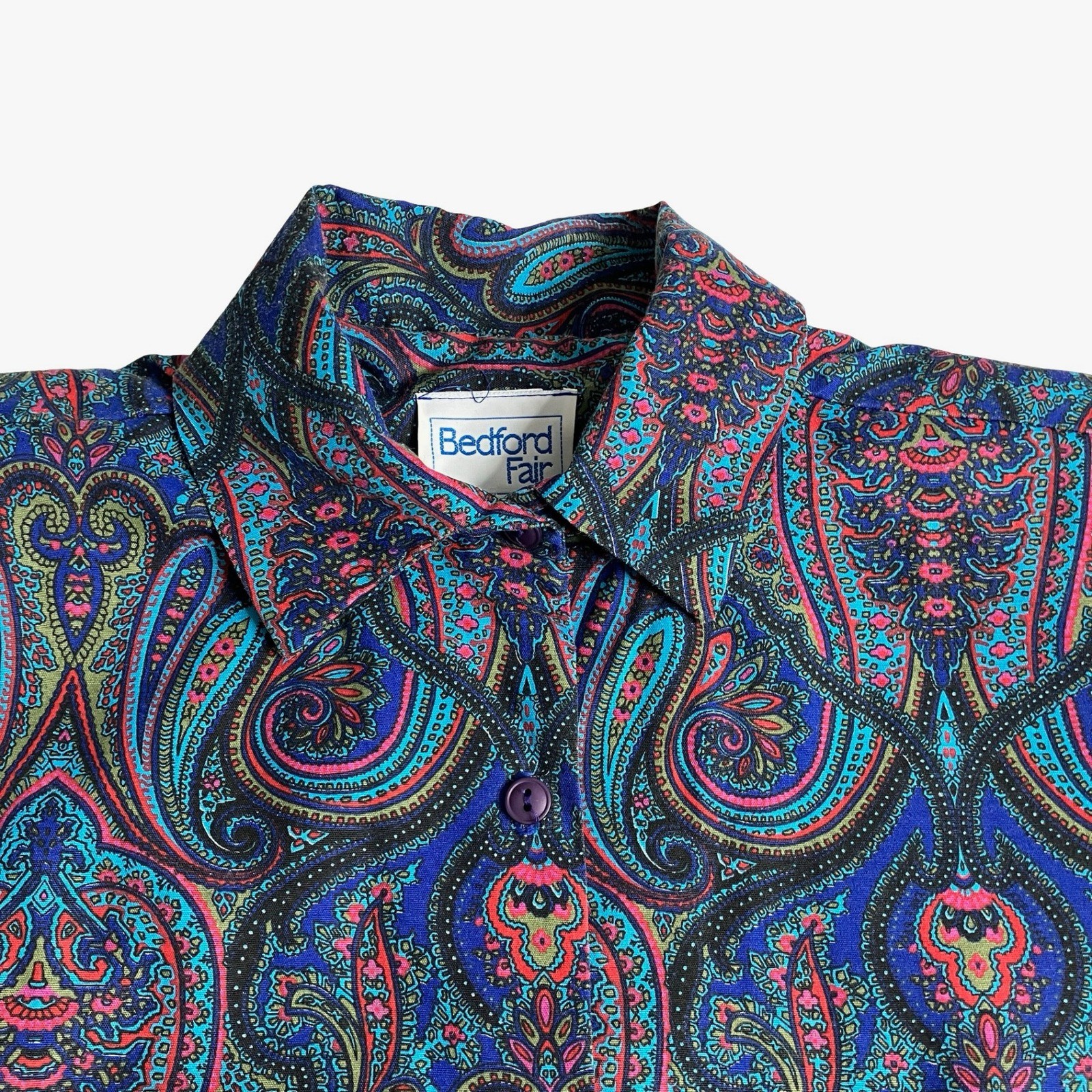 Vintage 80s Bedford Fair Paisley Midi Dress Womens 6 Long Sleeve Belted Boho Mod