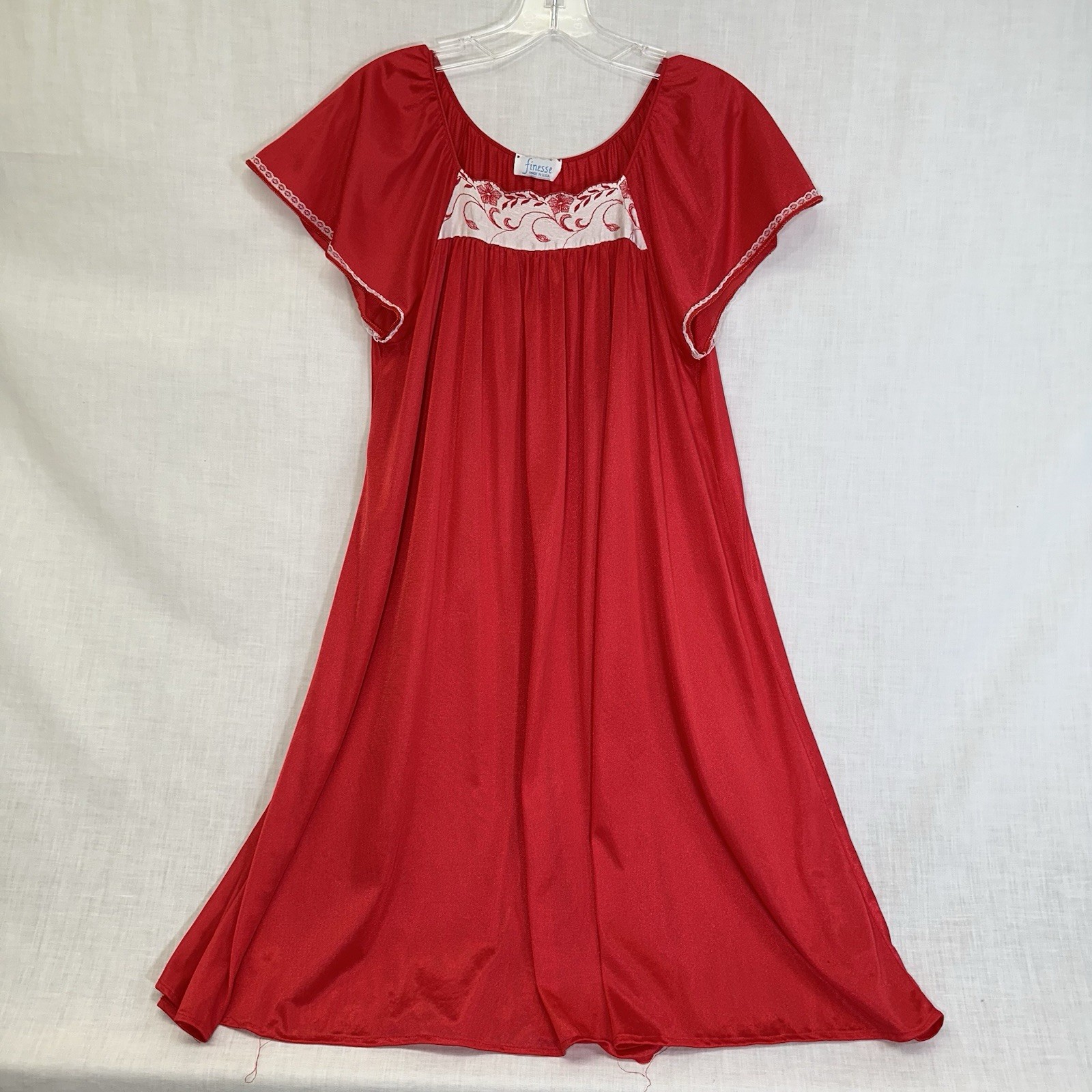 Vintage Finesse Red Silky Nightgown S-L Embroidered Front Yoke USA