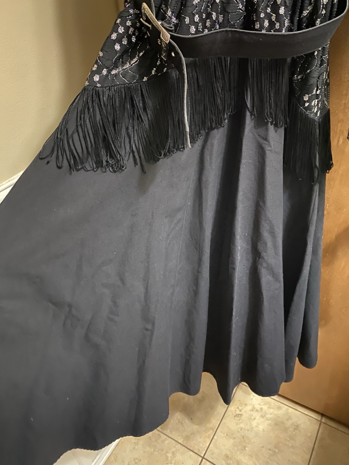 Vintage Lilia Smitty Western Dress Black Silver Fringe Size 11/12 Lace Rodeo
