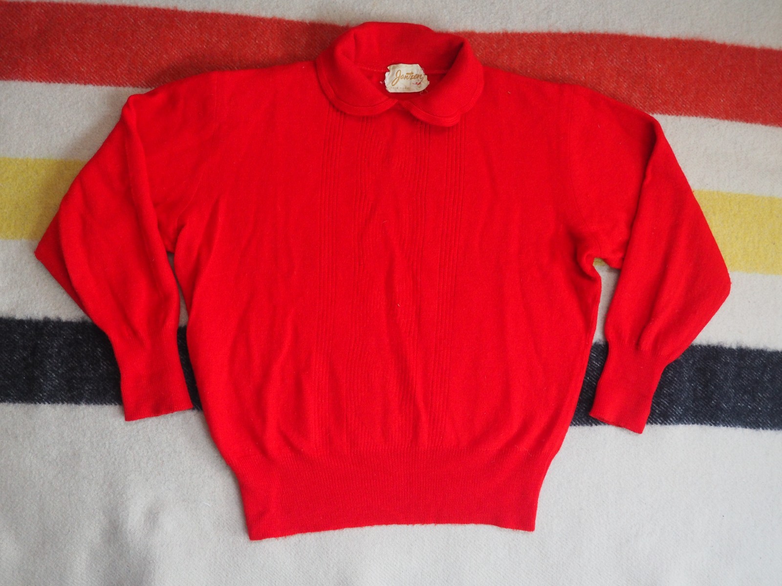 VTG 50s Jantzen 100% Wool Diving Logo Red Secretary Pullover Sweater Womens M