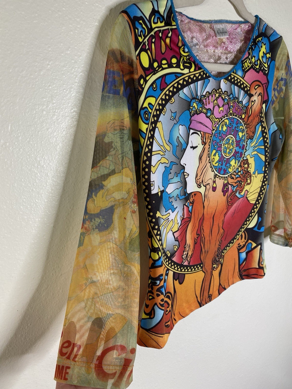 Rare Vintage Y2K Euro-Graphic Celestial Zodiac Festival tattoo 3/4 Sleeve Top M