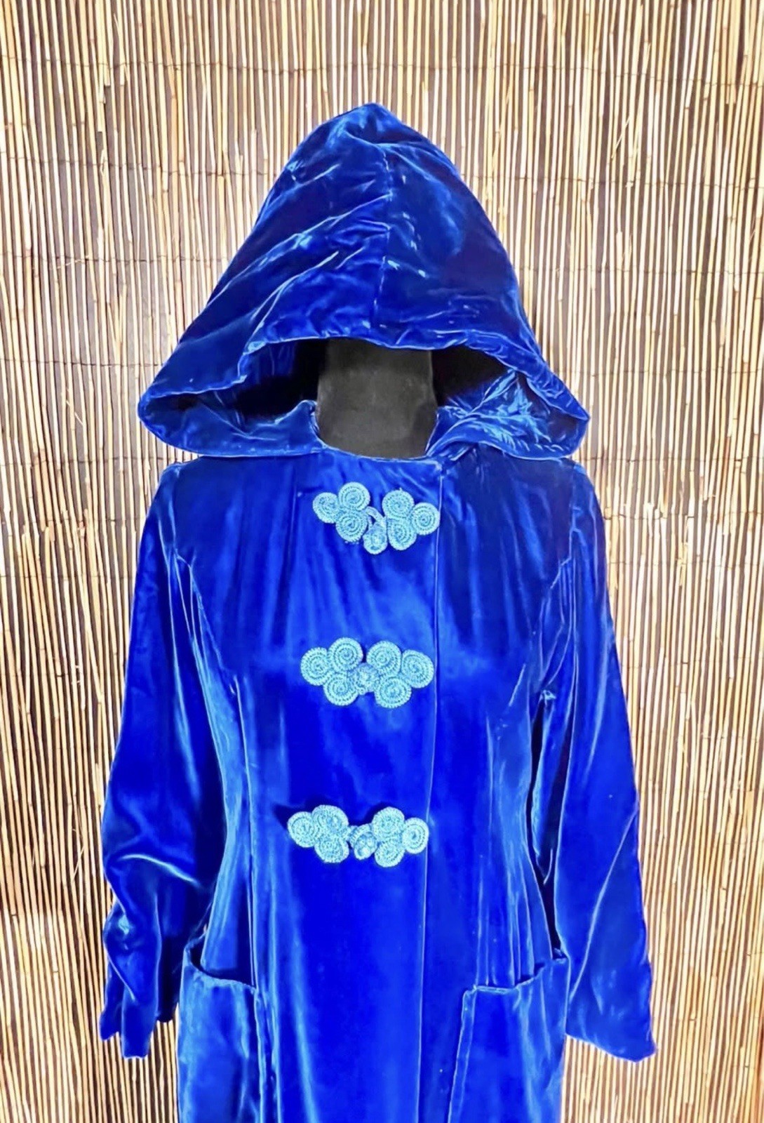 Vintage Bright Royal Blue Velvet Hooded Opera Coat Cape Pin Up Gothic