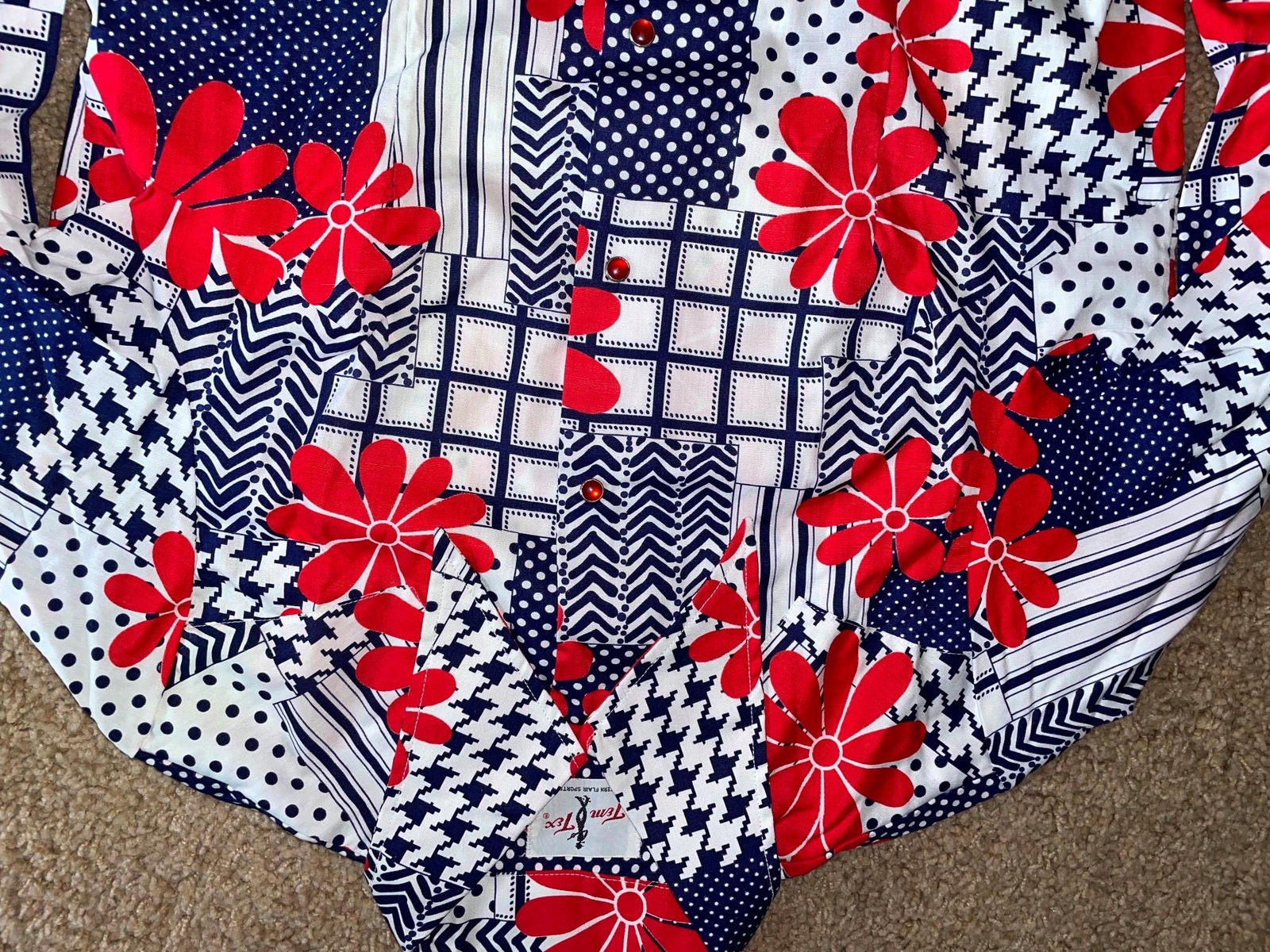 VTG 60S 70S WOMENS MEDIUM TEM TEX RAYON FLOWER BUTTON WESTERN COWBOY SHIRT