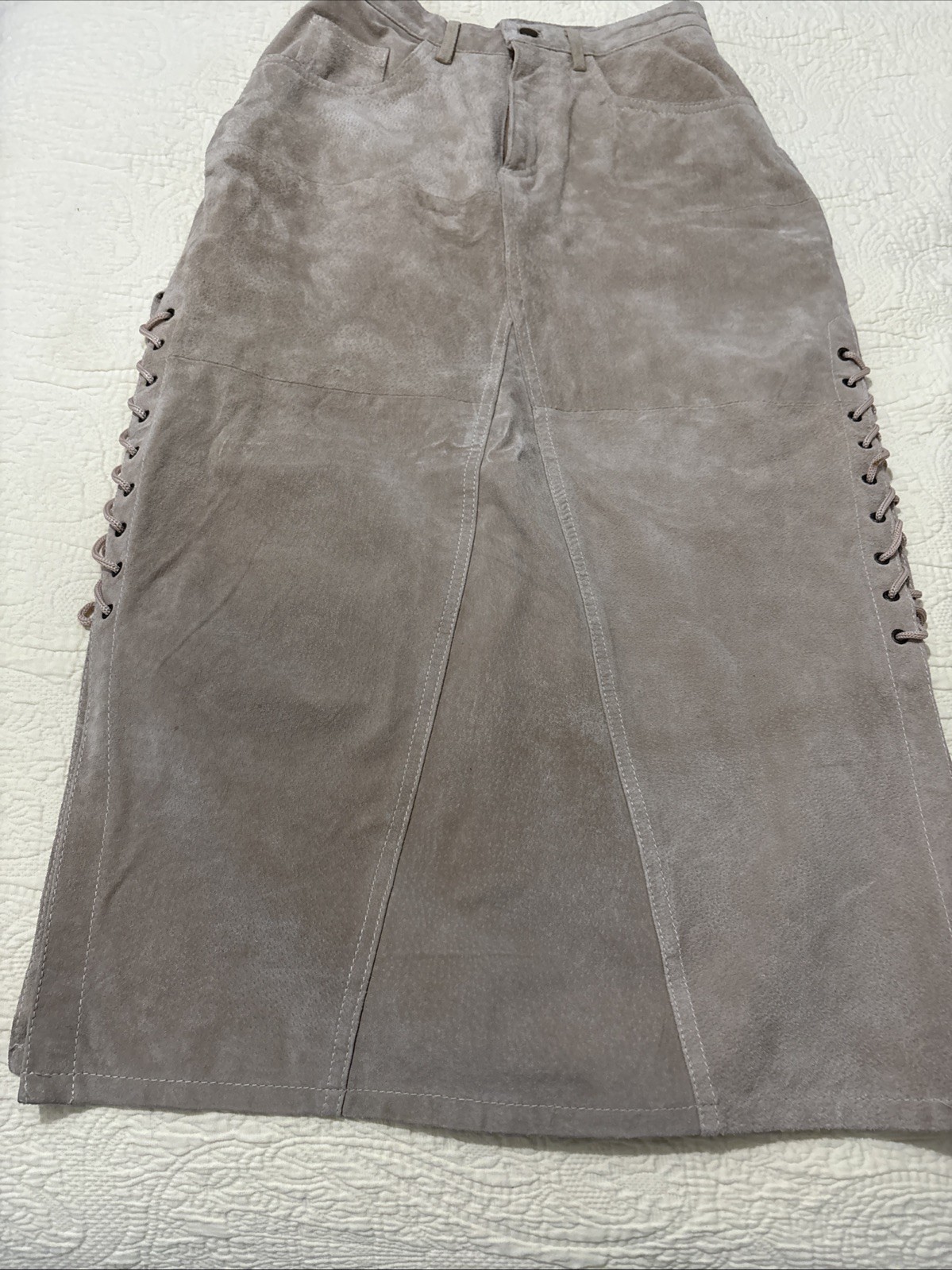 Vtg Neutral Zone Tan Suede Genuine Leather Pencil Skirt Lined Pockets Slits Sz 5