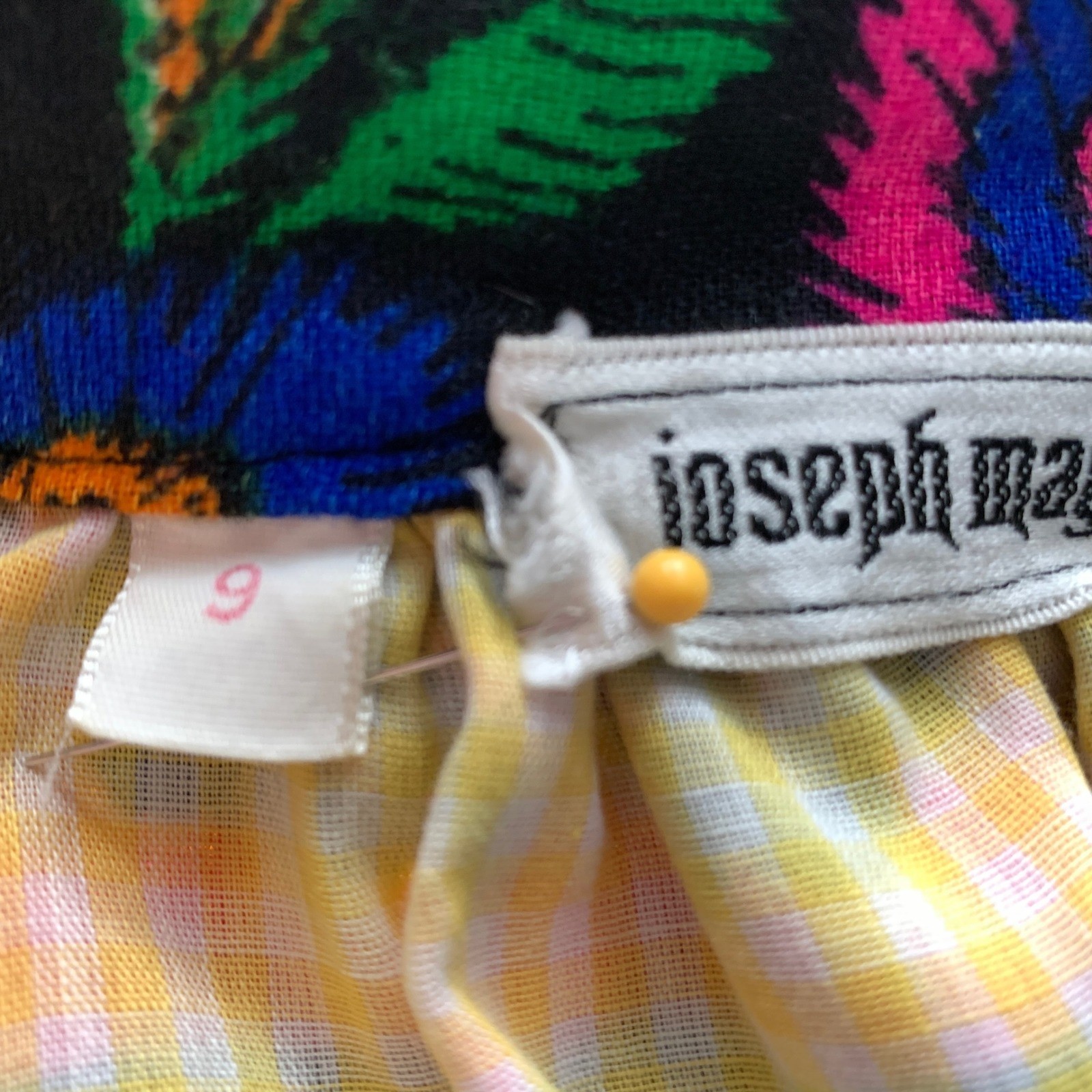 Vintage Joseph Magnin Floral Wrap Skirt Black Neon Pink Gingham Lined Boho 9