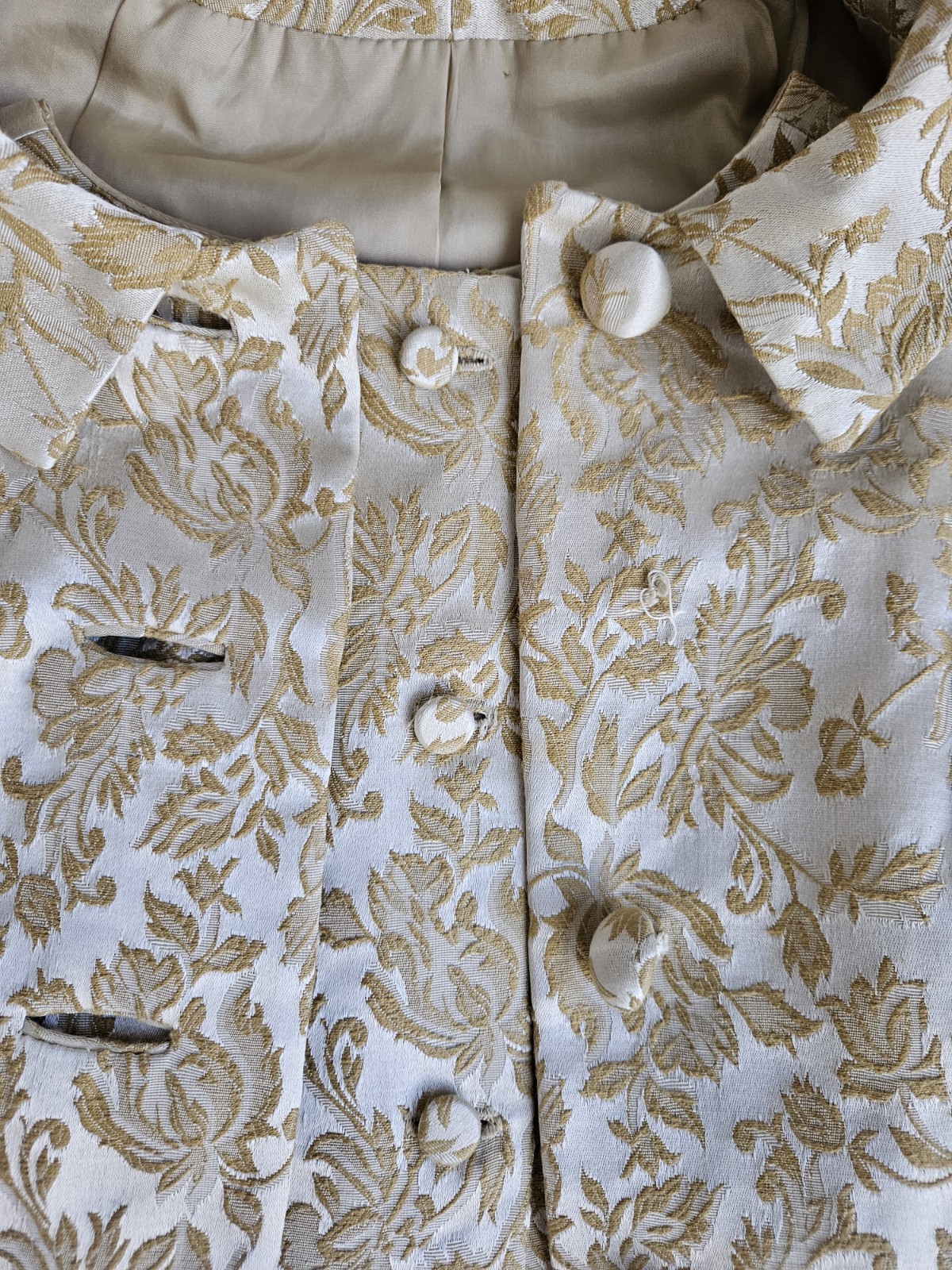 Vintage ILGWU Brocade Floral Jacket Top & Skirt Suit Beige Gold 1960s