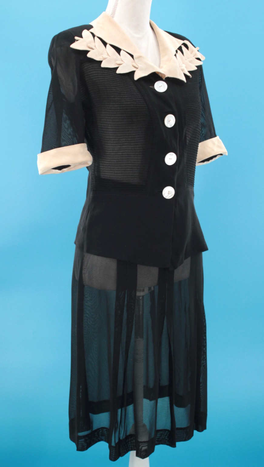 VTG Women’s 30s 2 Pc Black & Cream Trim Sheer Dress Set Sz S 1930s Dress Suit