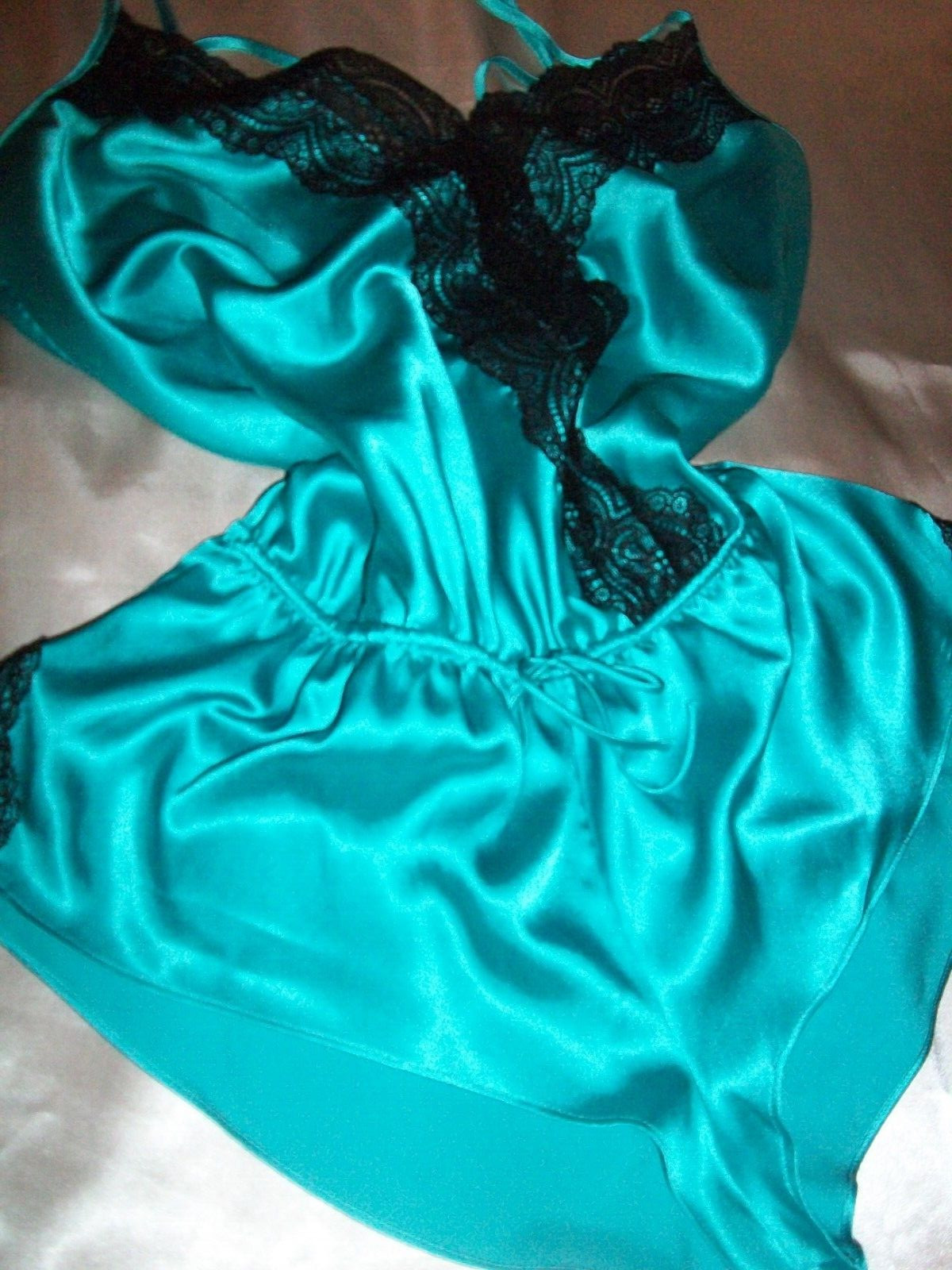 Vtg Victoria’s Secret Green Black Lace Satin Teddy Lingerie S