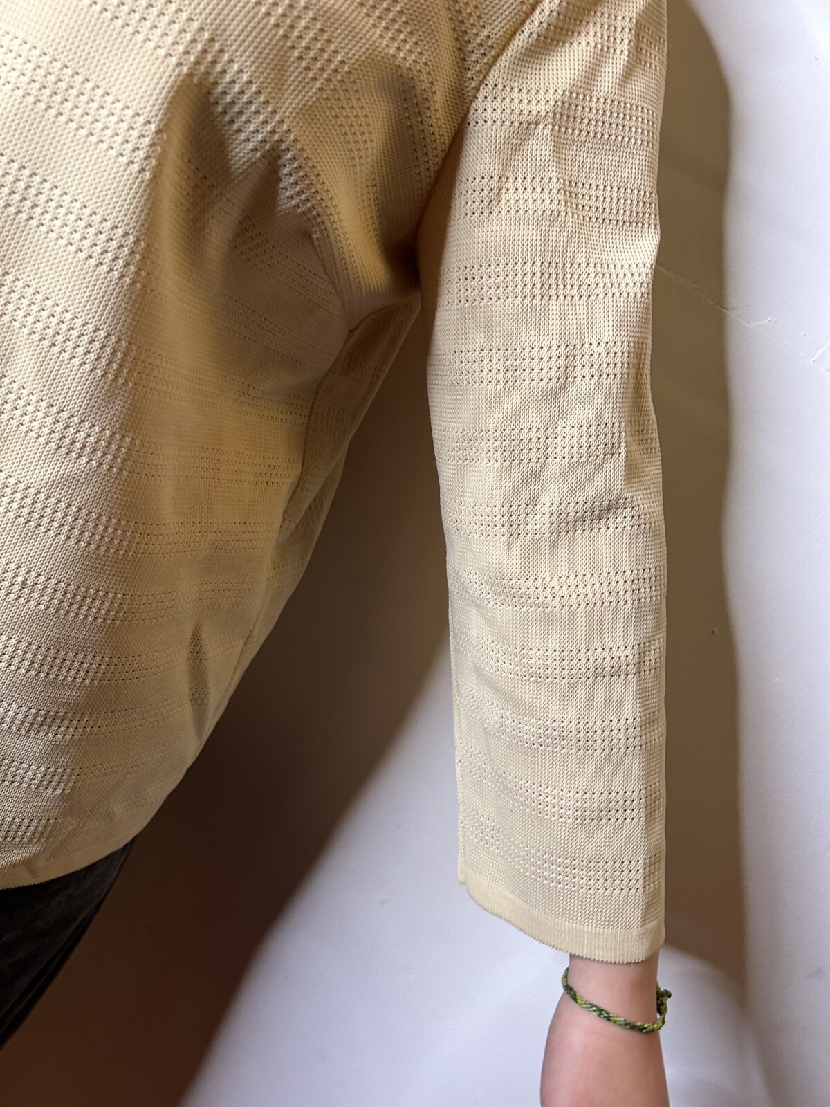Vintage 1980s Knit Polyester Collared Blouse Cream White Double Breasted AU 14