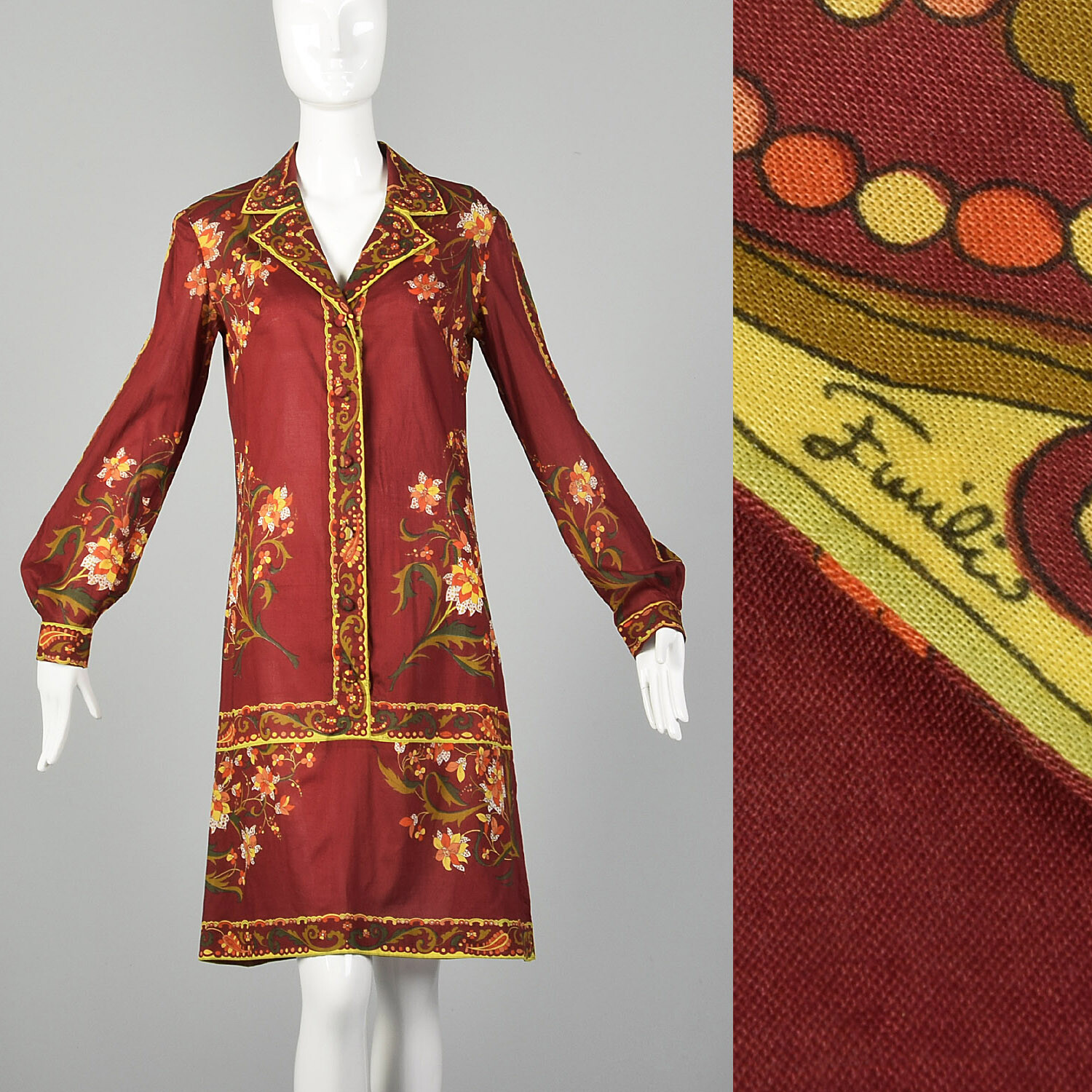 S Emilio Pucci Dress 1960s Red Floral Paisley Printed Tunic Long Sleeve 60s VTG