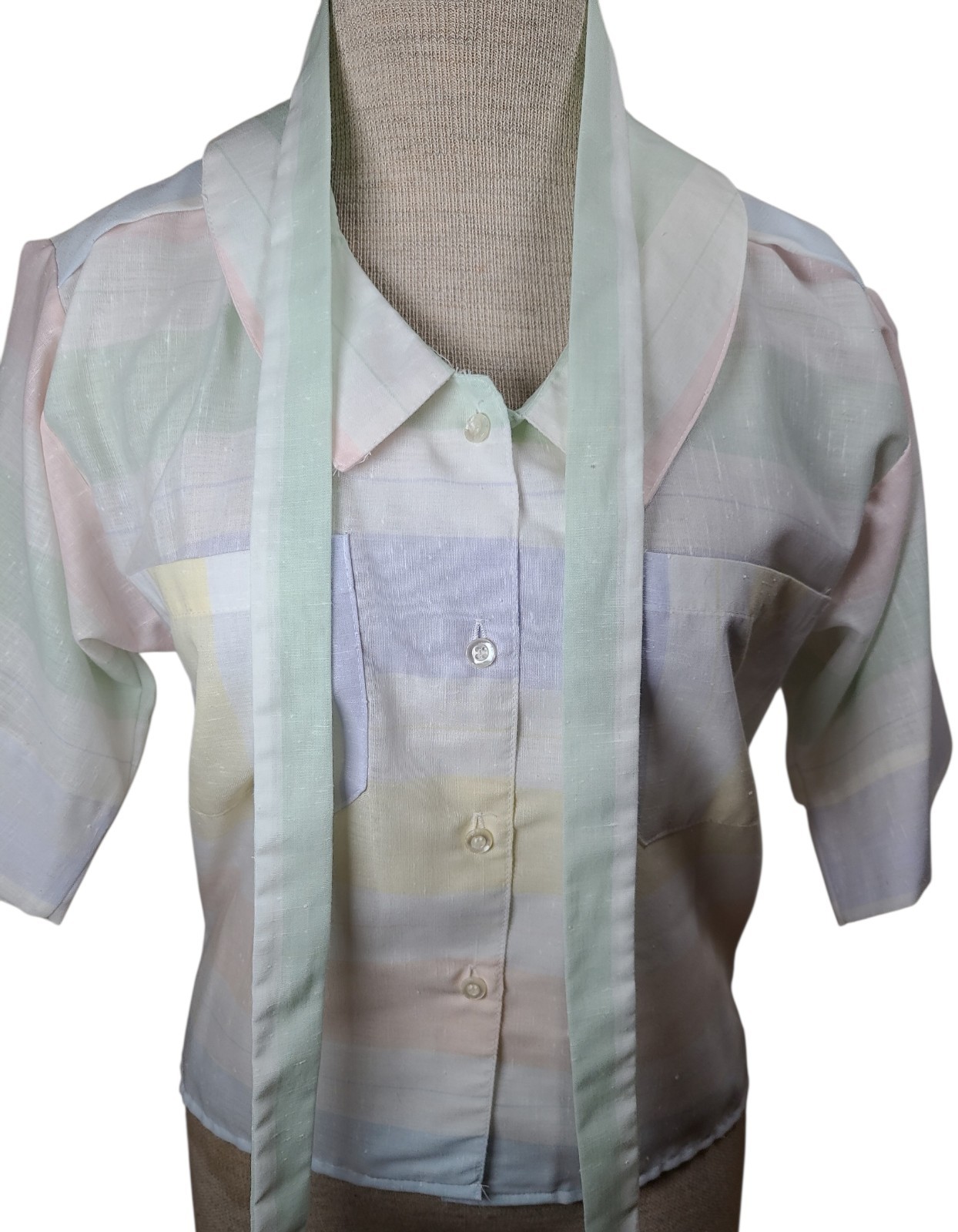 Carrie Beene Vintage 70s Button Up Short Sleeve Neck Bow Pastel Summer Medium
