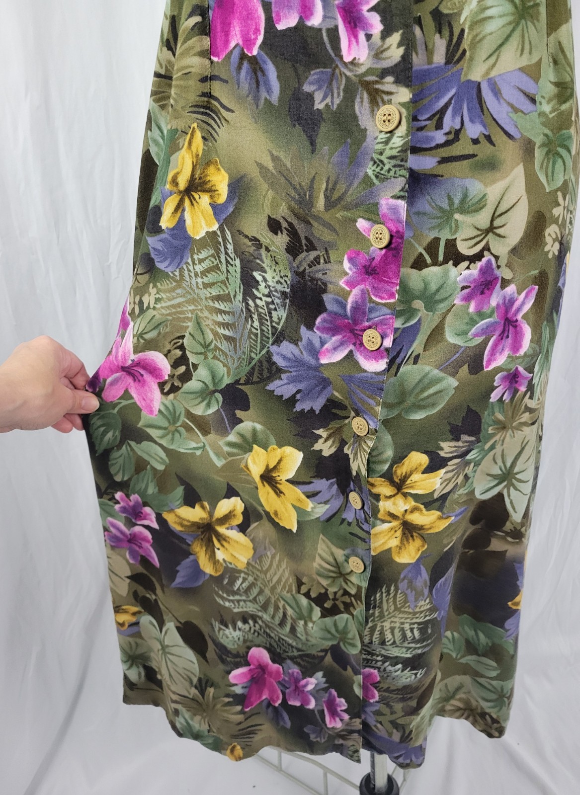 Vintage Erika Mossy Green Floral Sundress w Button Down Front Size Med Petite