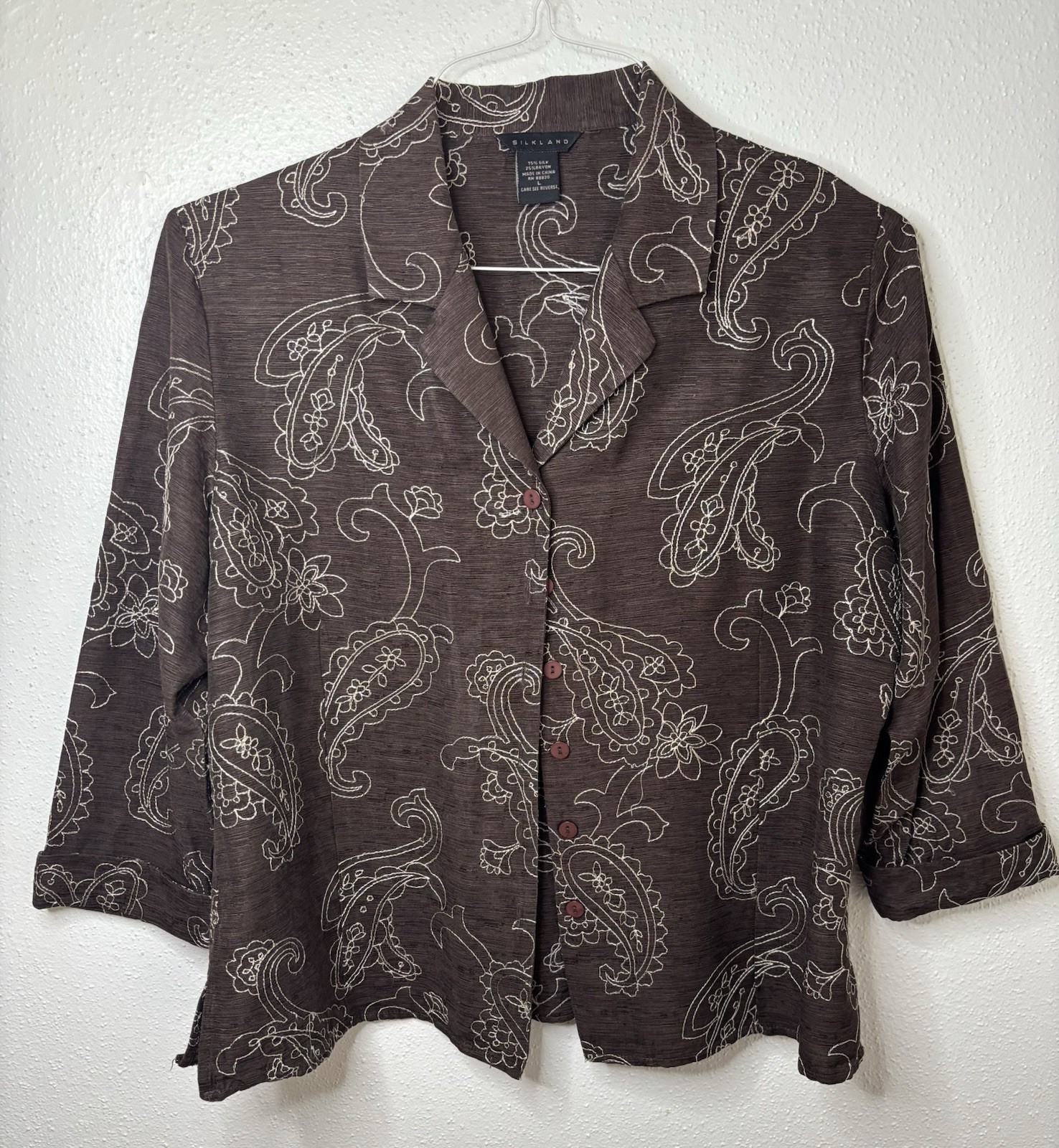 Silkland Vintage Petite L Jacket Embroidered Paisley Shirt Button Up