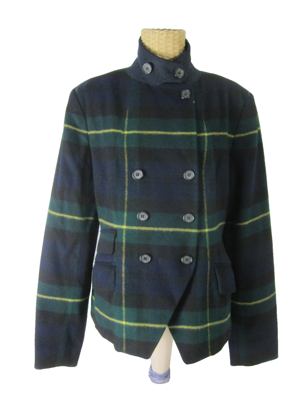 Vtg DKNY Womens 10 Navy Blue Green 100% Lambswool Tartan Plaid Blazer Jacket