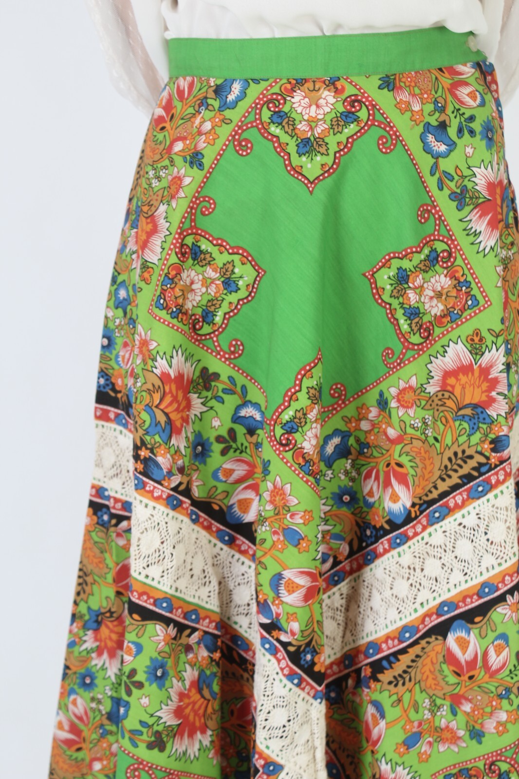 Vtg Long Full Skirt Paisley Handkerchief Hanky Sirt Crochet Maxi Bandana Hippie