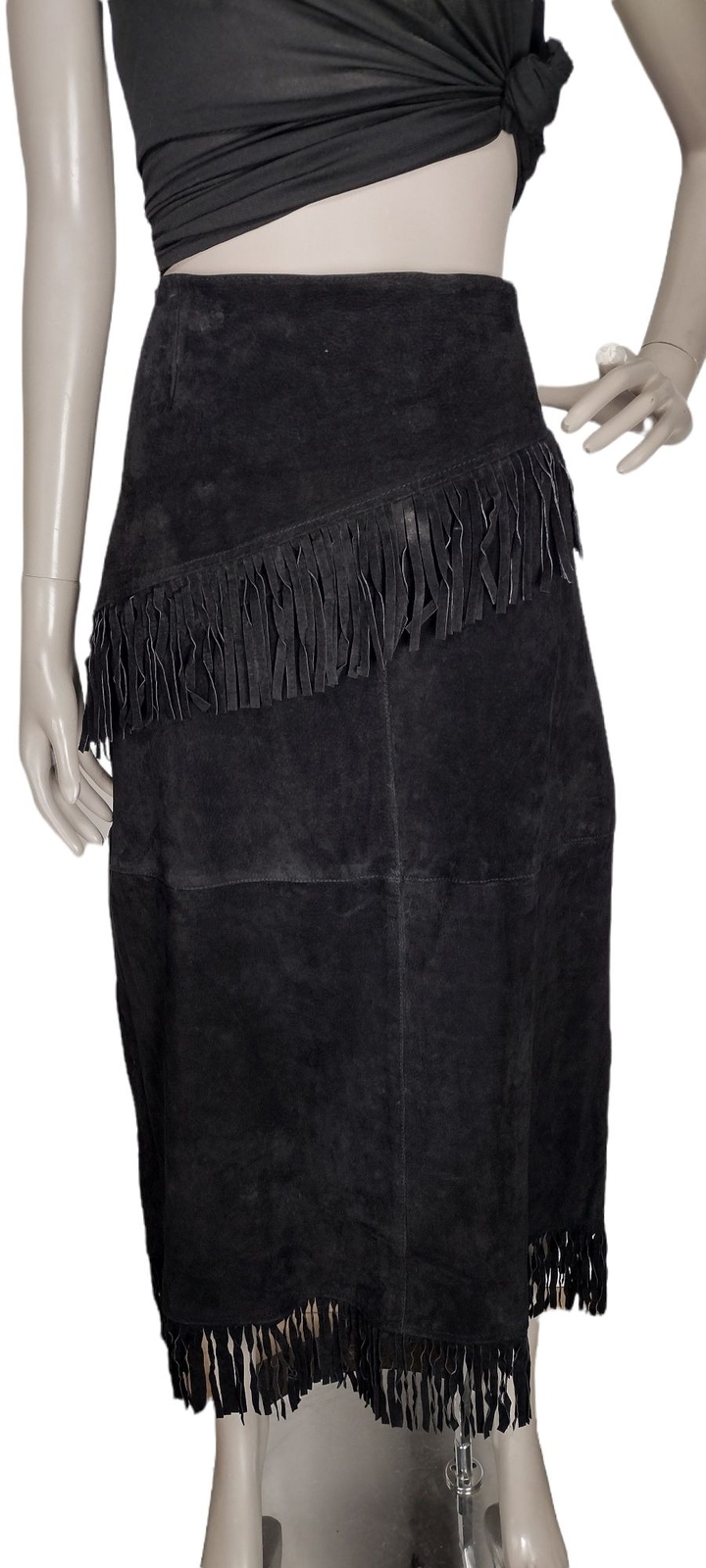 Vintage Boho Western Fringe Cowgirl Black Suede Full Length High-Waist Skirt