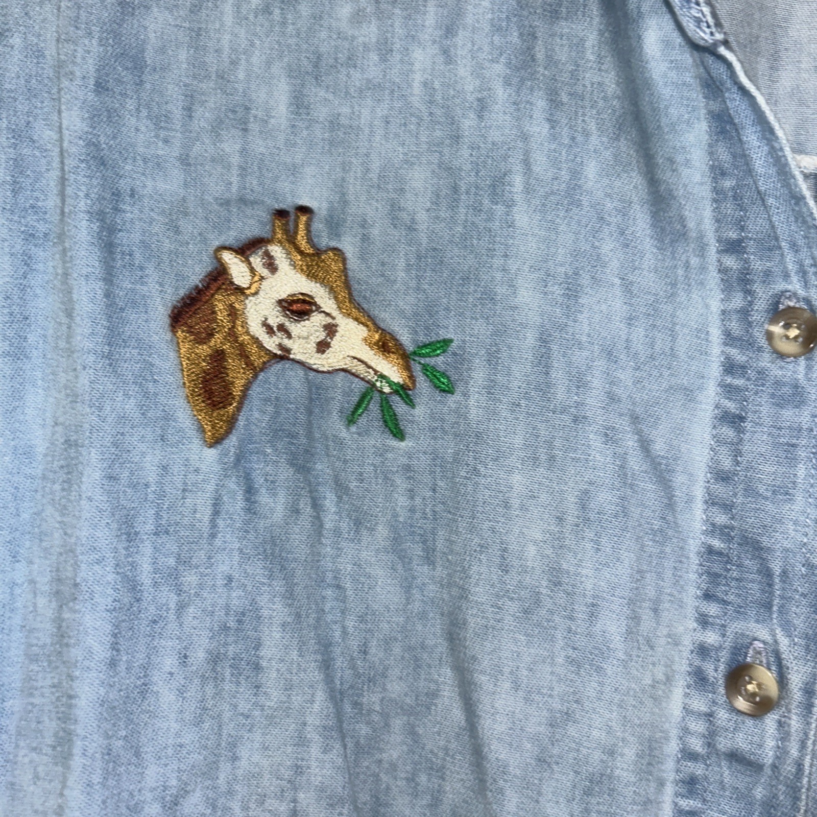 Vintage 90s Infinity Fashions Shirt Denim Giraffe, Jungle Embroidered Women L