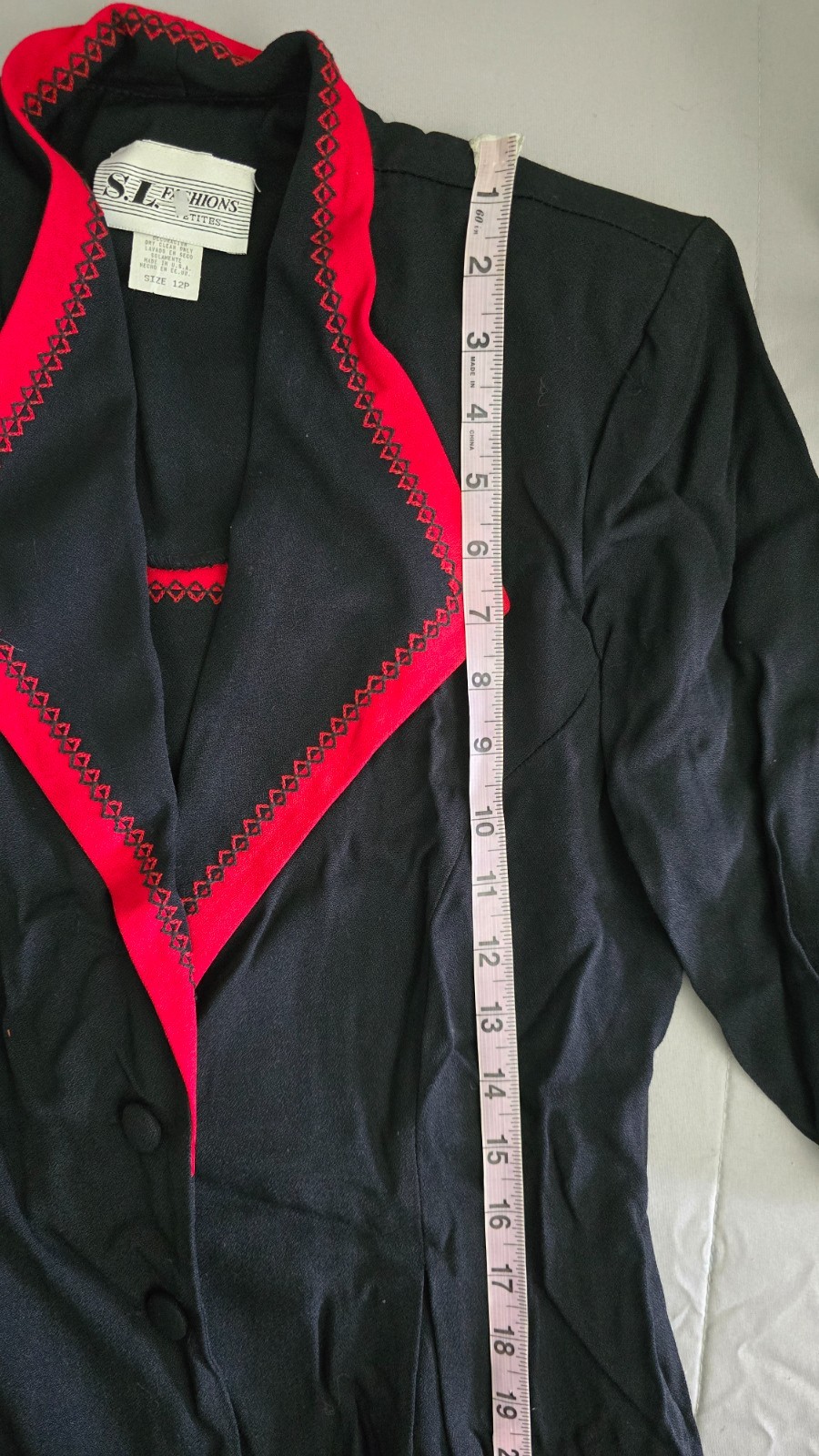 NWOT Vintage 80-90s S.L. Fashions Black Red Big Suit Collar Dress, Petites 12