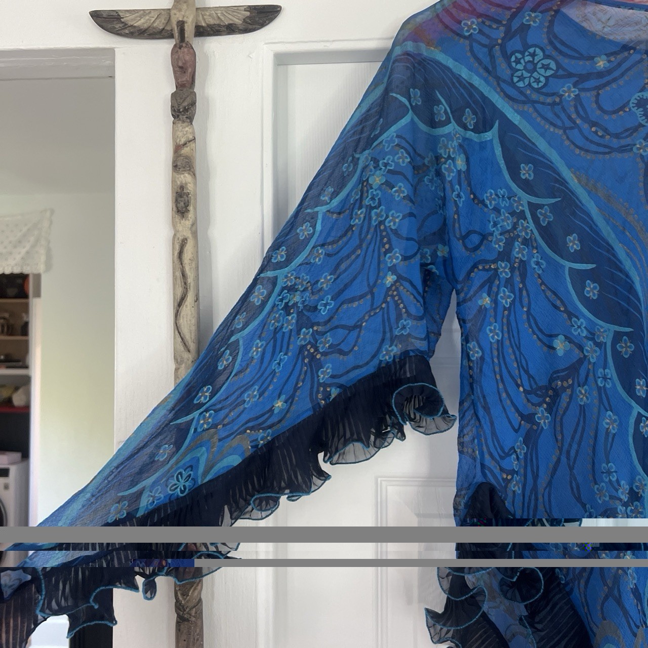 Vtg 70/80s Zandra Rhodes Printed Silk Tunic Top Angel Sleeves Ruffle Boho S/M