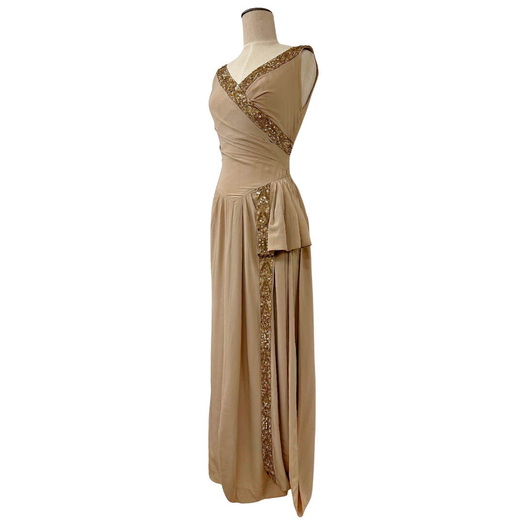 Vintage 1930s Draped Beige Sequin Hollywood Glamour Art Deco Evening Gown