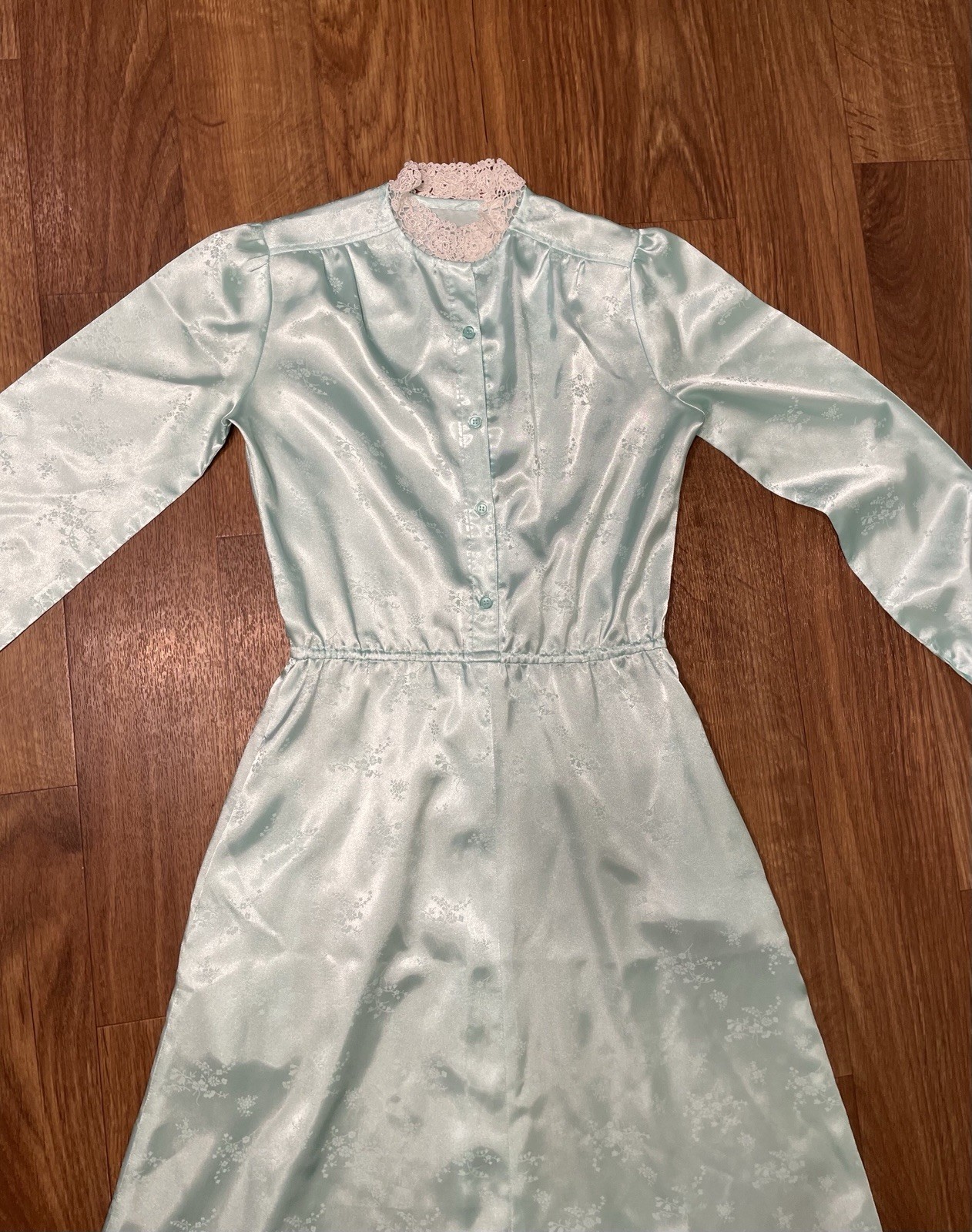 Vintage 60s Blue Satin Prom Maxi Dress Small Floral Modest Cottagecore Coquette