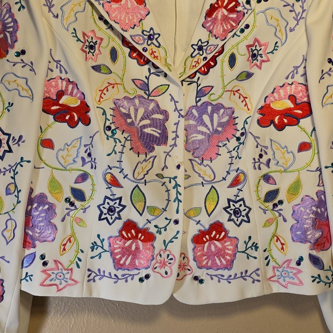 Vtg John Meyer of Norwich Floral Embroidered Jacket Blazer White Sz 16 Romania