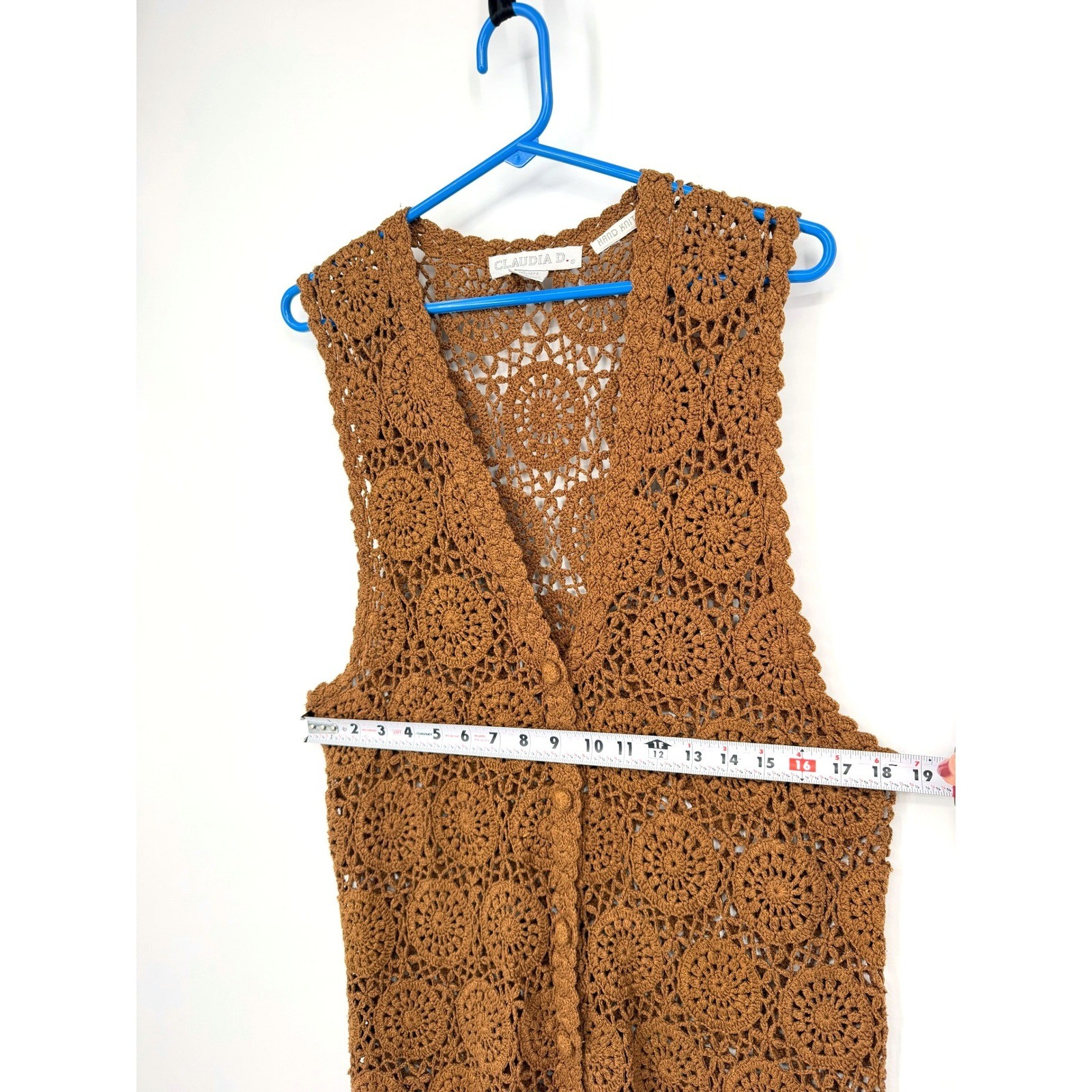 Vtg Claudia D Hand Knit 100% Silk Crochet Vest Brown Large Women 1993 Boho