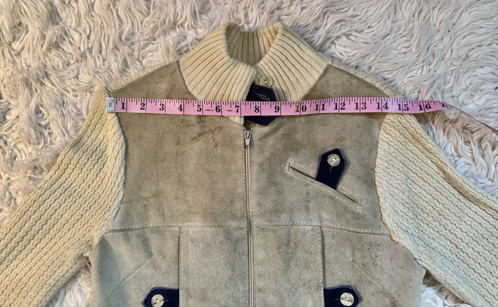 Vtg Suede Leather Acrylic Sweater Jacket Arpeja Taiwan Organically Grown Beige S