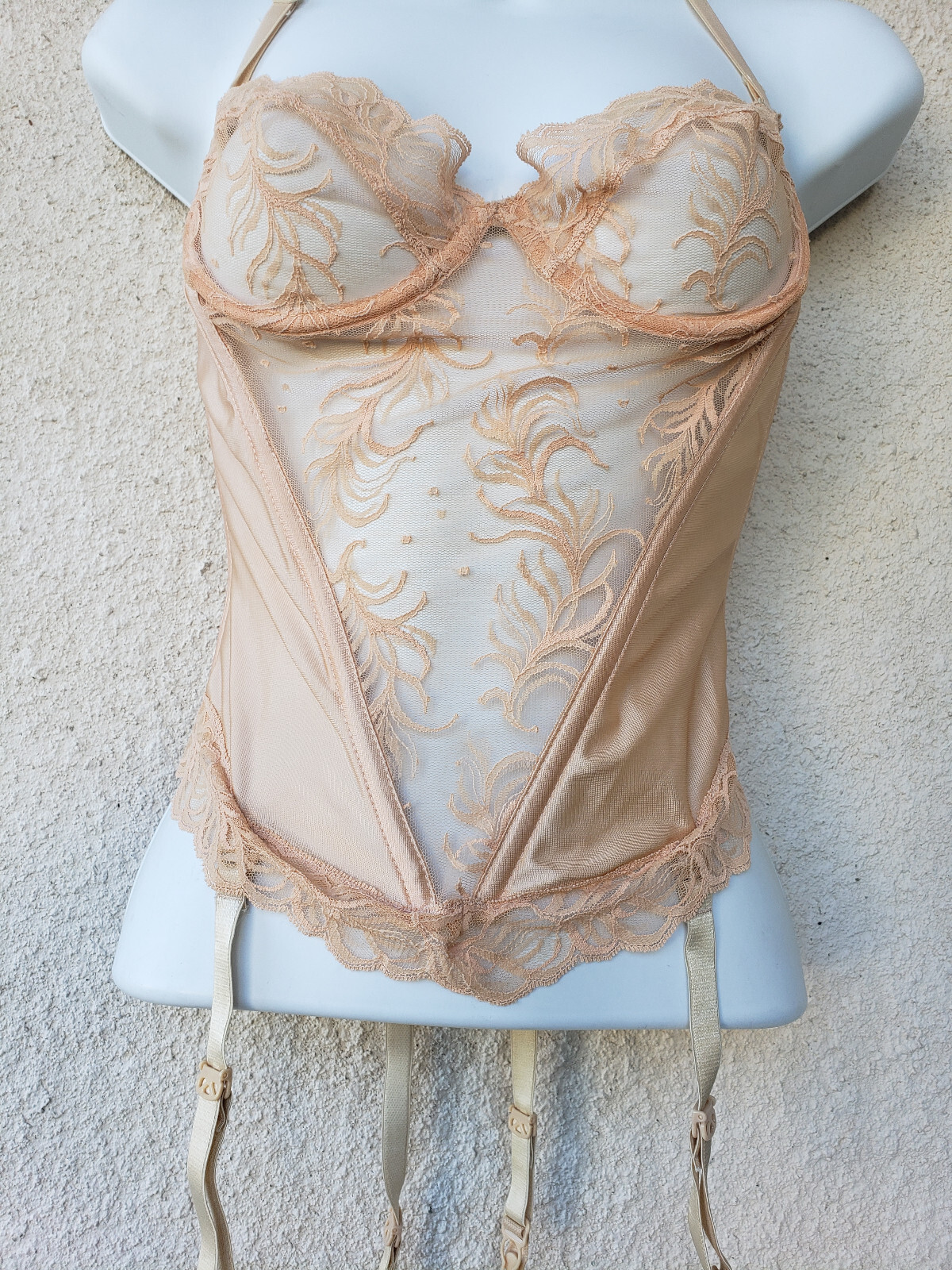 Vintage 80s Glydons Satin Lace Bustier Corset Garters Peach Merry Widow Bra 32