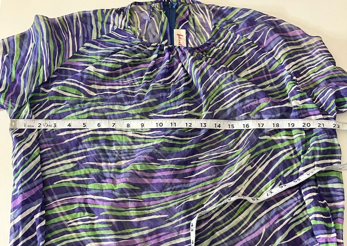 VTG Pauline Trigere Chiffon Midi Dress Abstract Geometric Wave Print 70s *NOTE